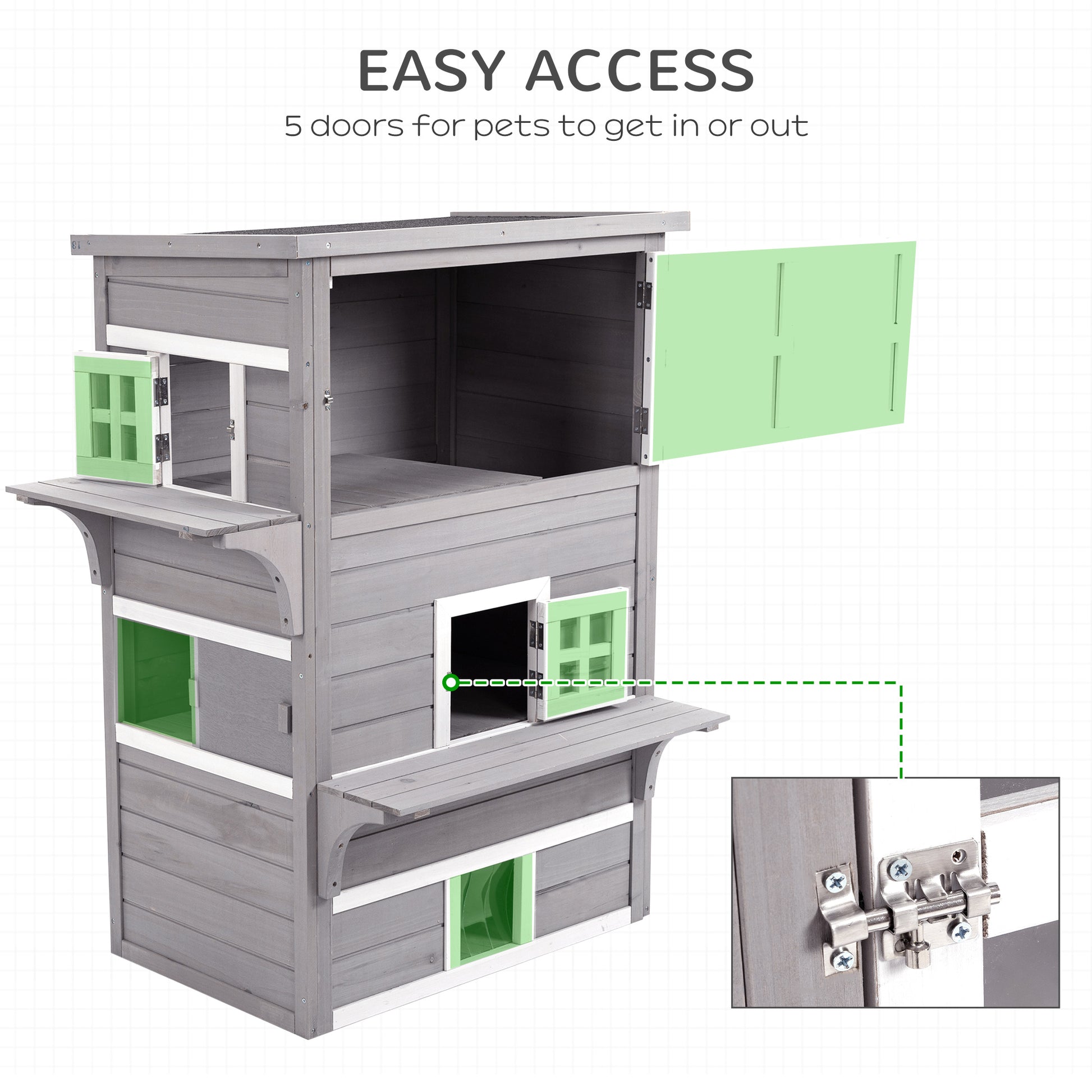 Gray wooden multilevel pet house with five green doors for easy pet access
