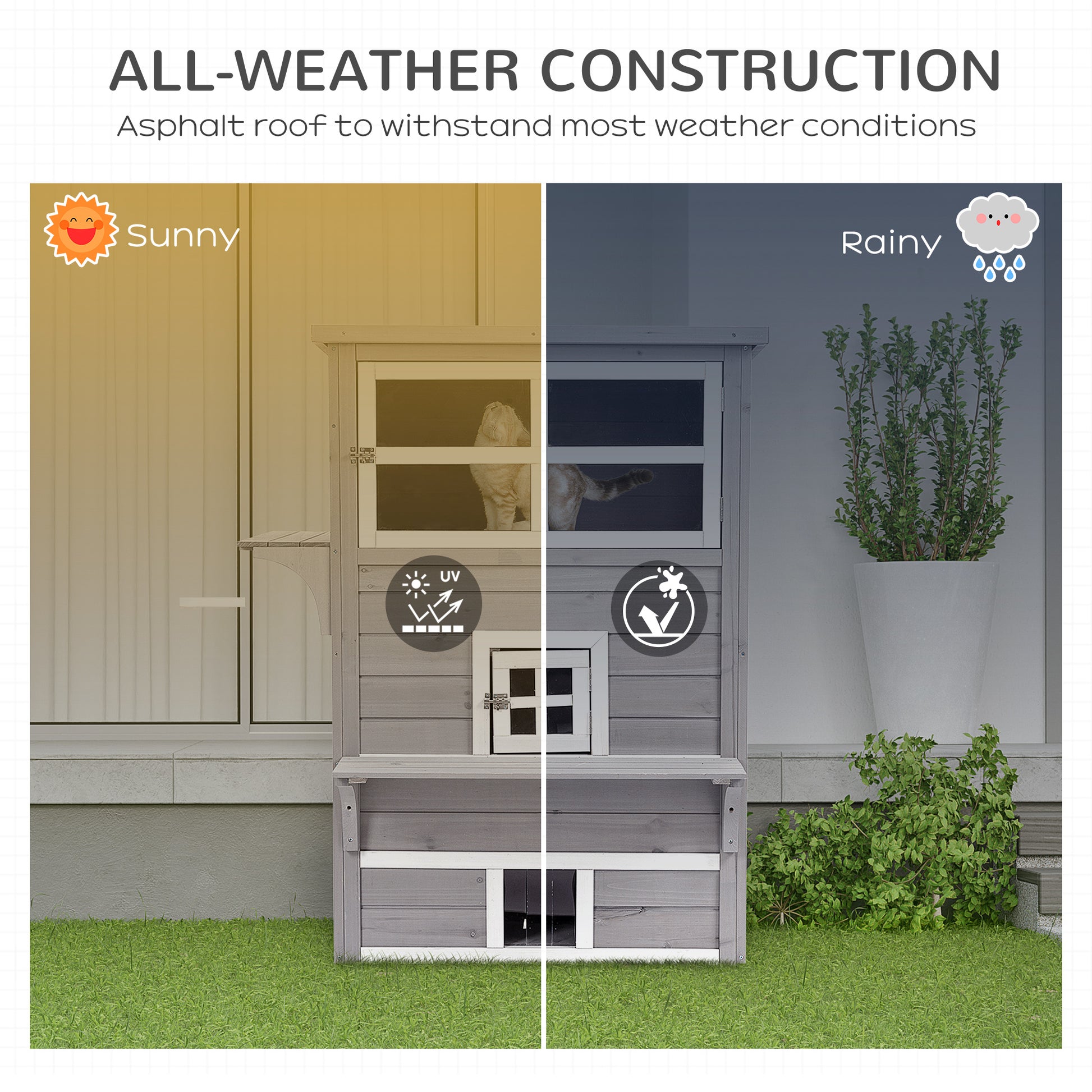 Gray wooden outdoor cat house with multilevel design for comfort