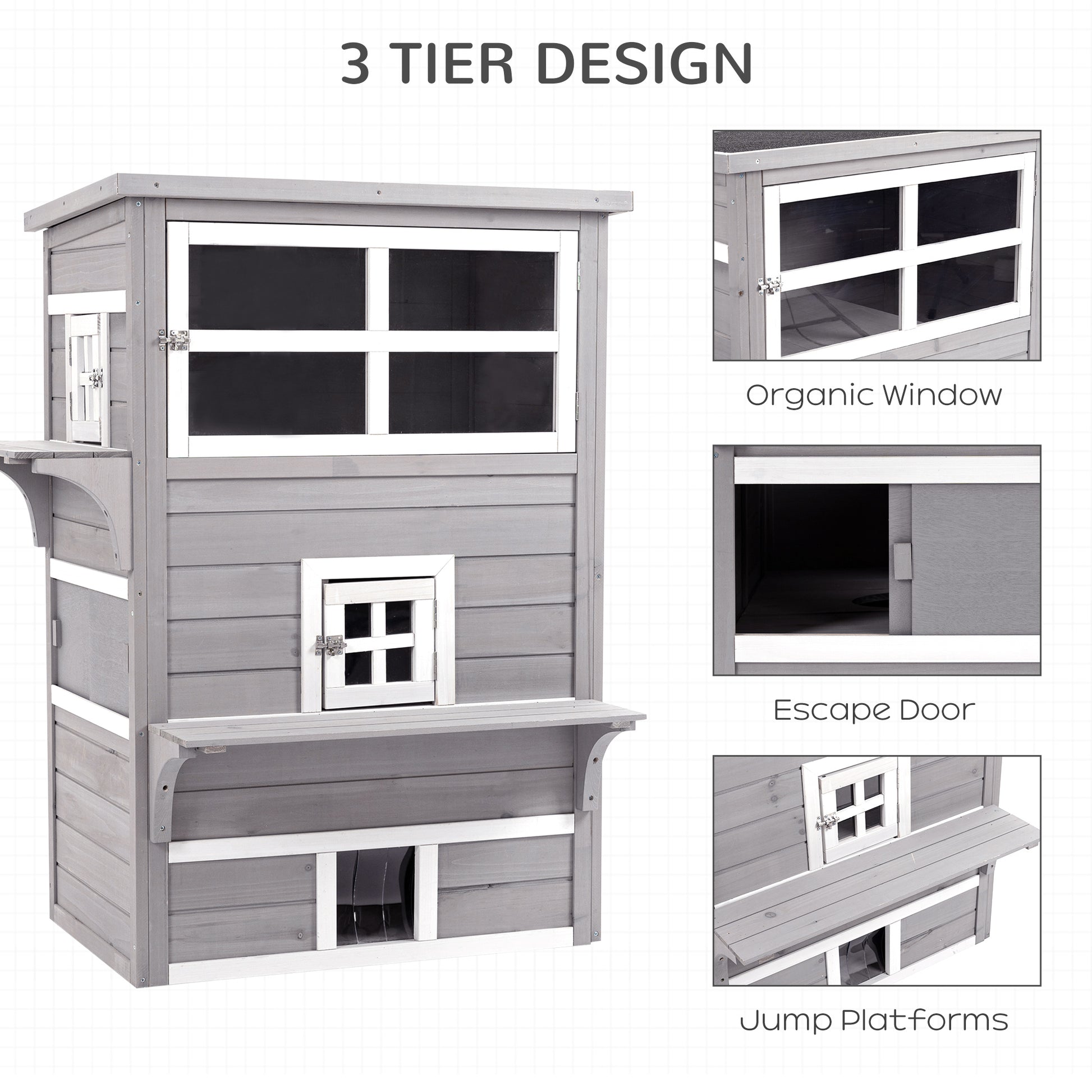 Gray wooden outdoor cat house with three tiers and multiple windows