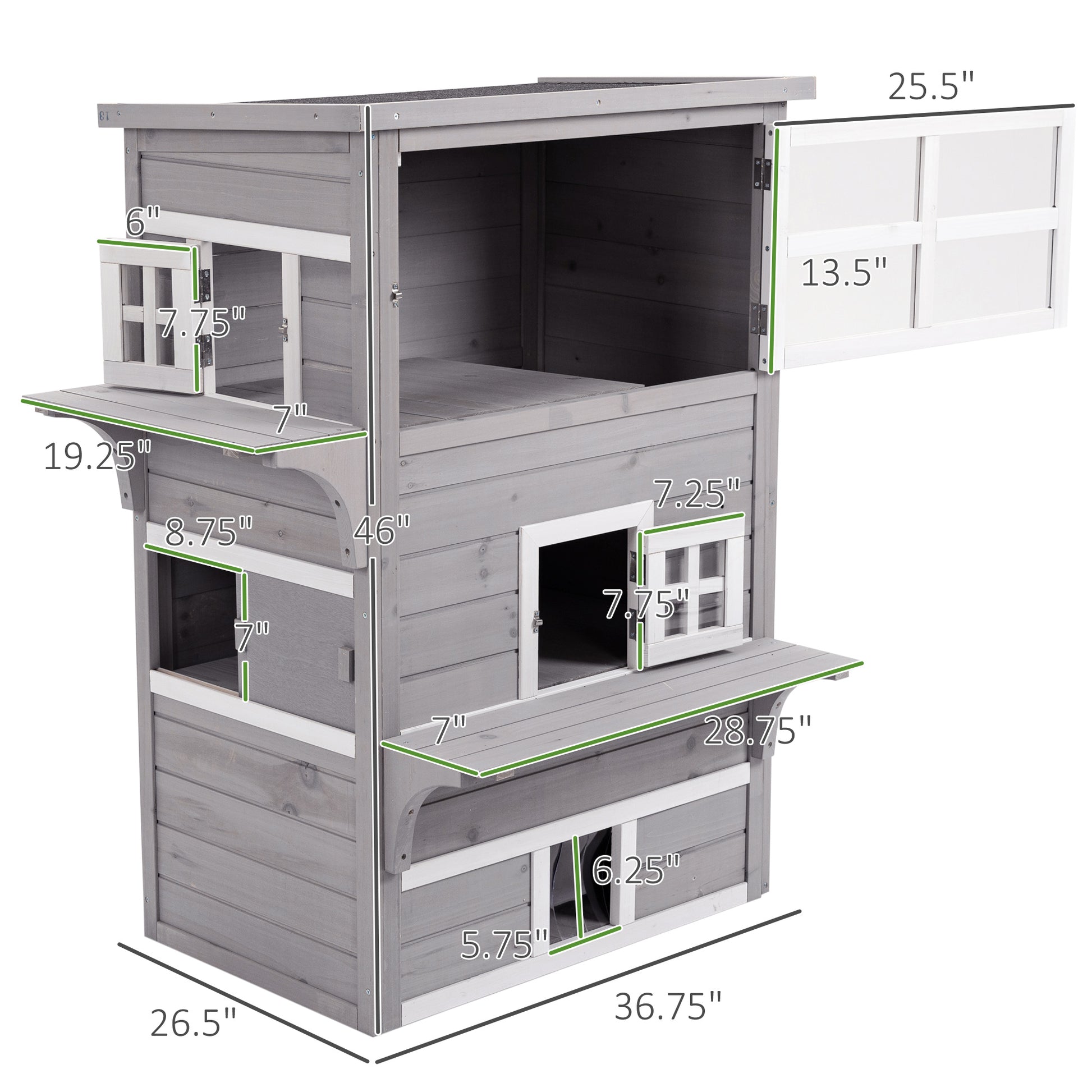 Gray wooden multilevel pet house with open doors and windows