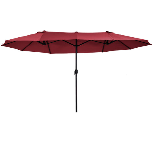 Burgundy double patio umbrella with black metal pole ideal for large outdoor seating areas