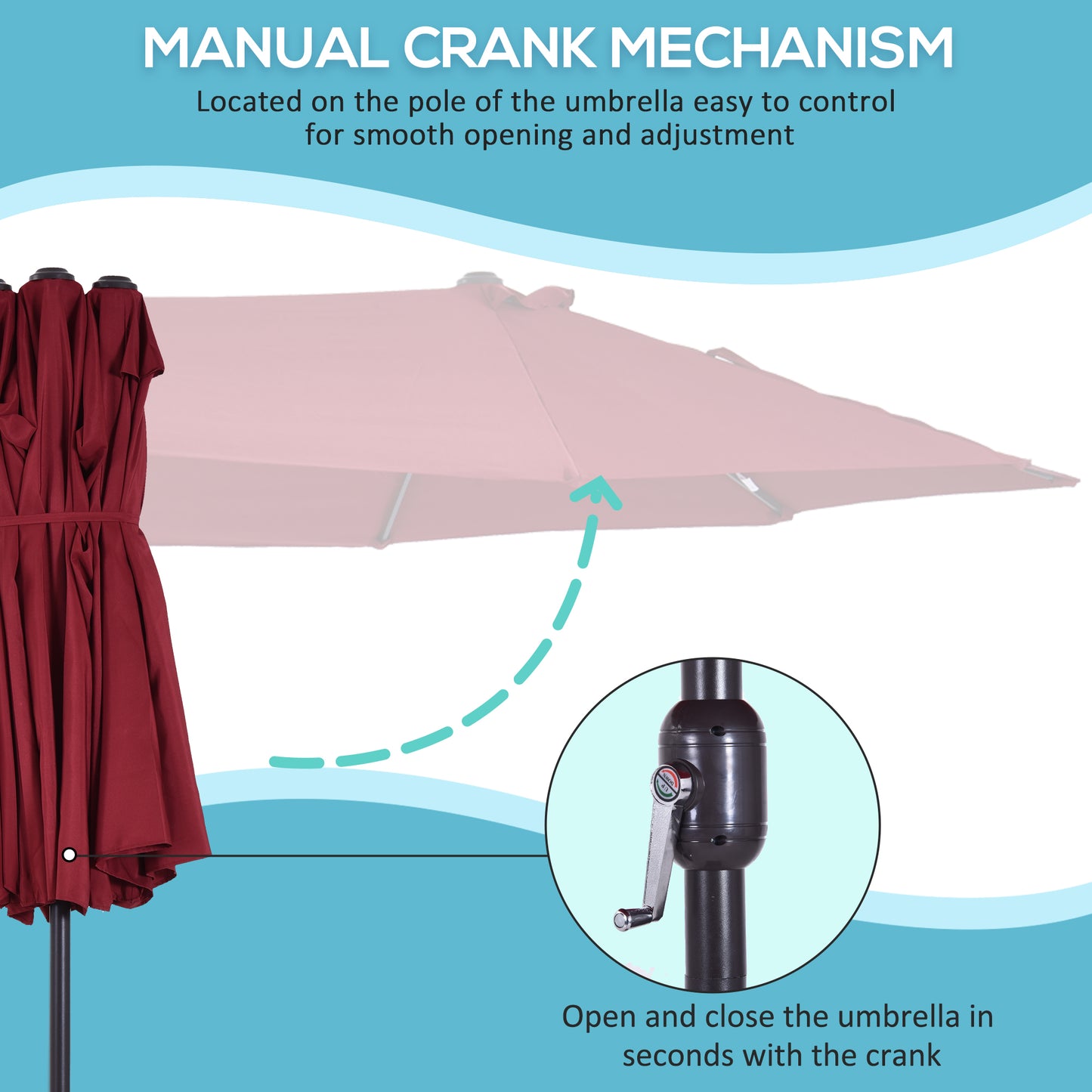 Burgundy patio umbrella with closed canopy and detailed crank mechanism for easy operation