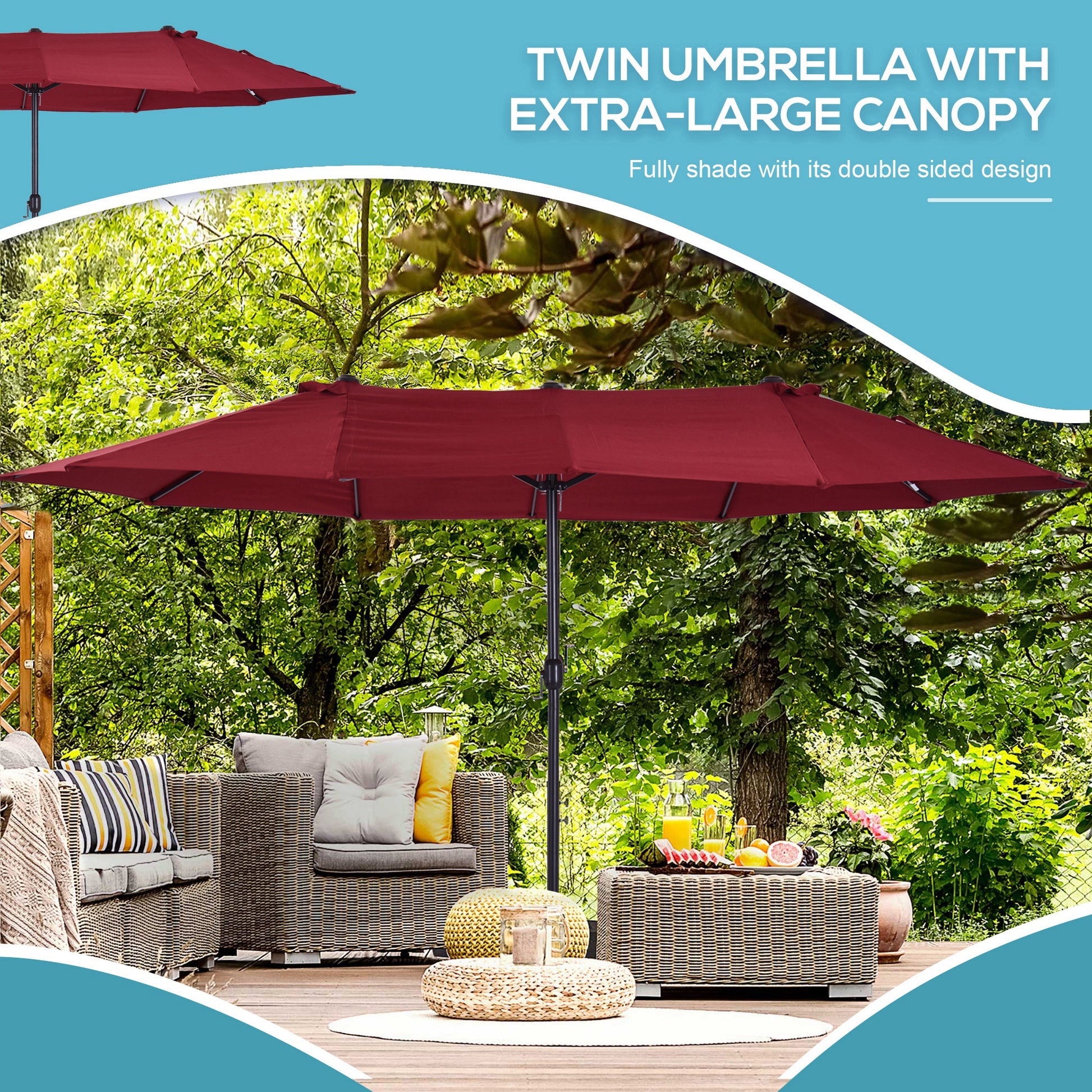 Large burgundy double patio umbrella providing extensive shade over outdoor furniture