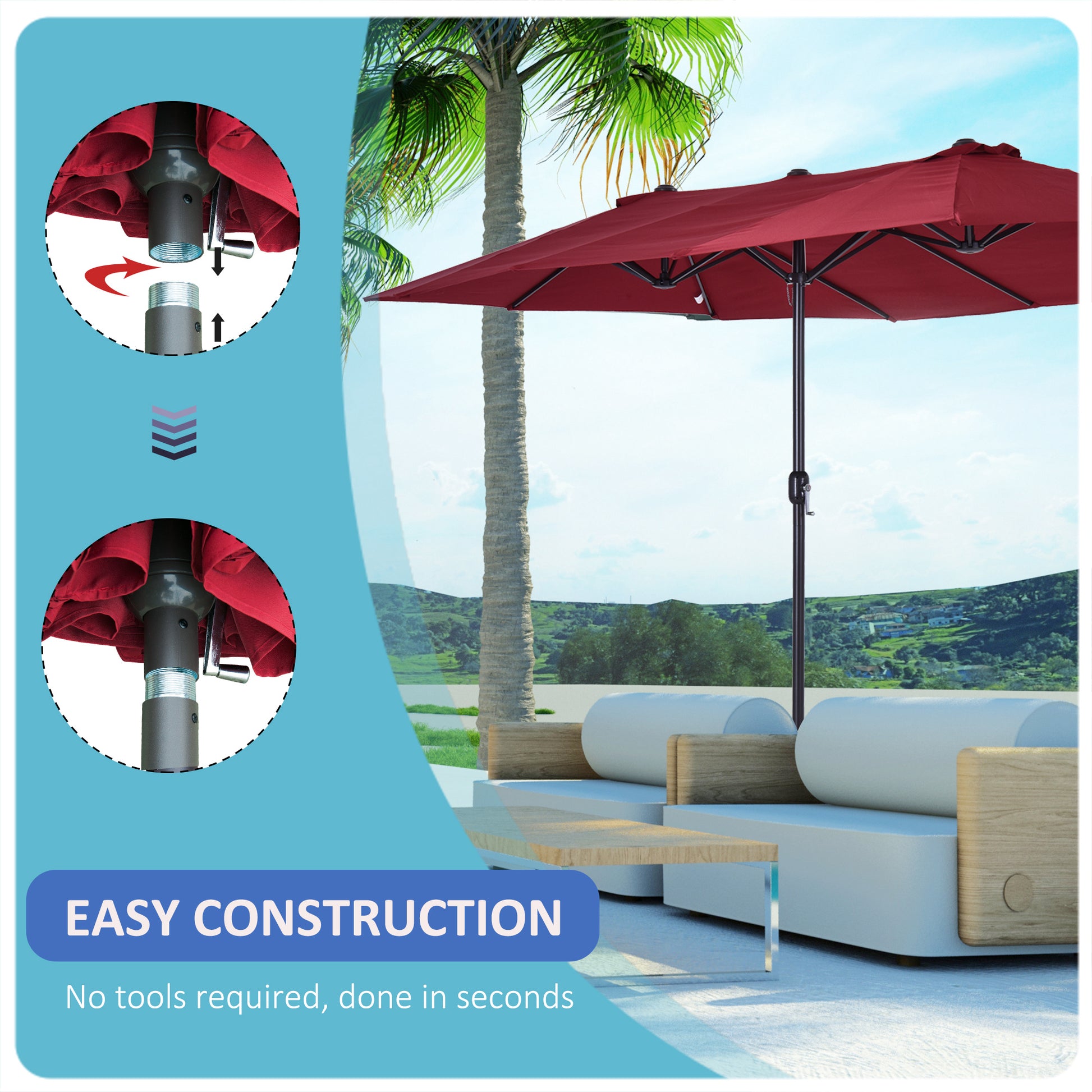 Red rectangular patio umbrella with easy crank mechanism ideal for outdoor dining