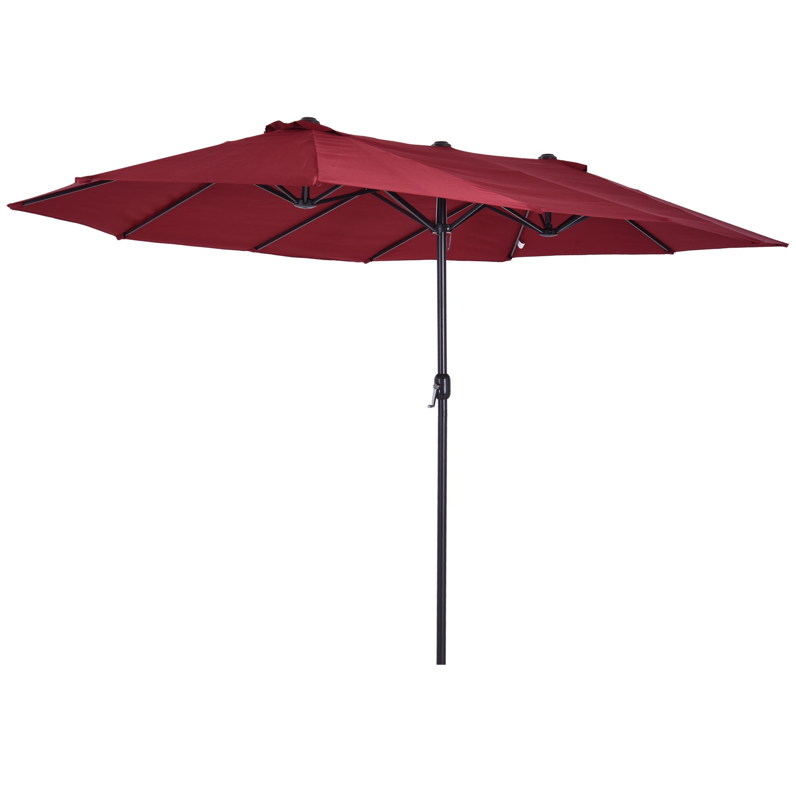 Double patio umbrella in deep red fabric with black metal frame and central pole