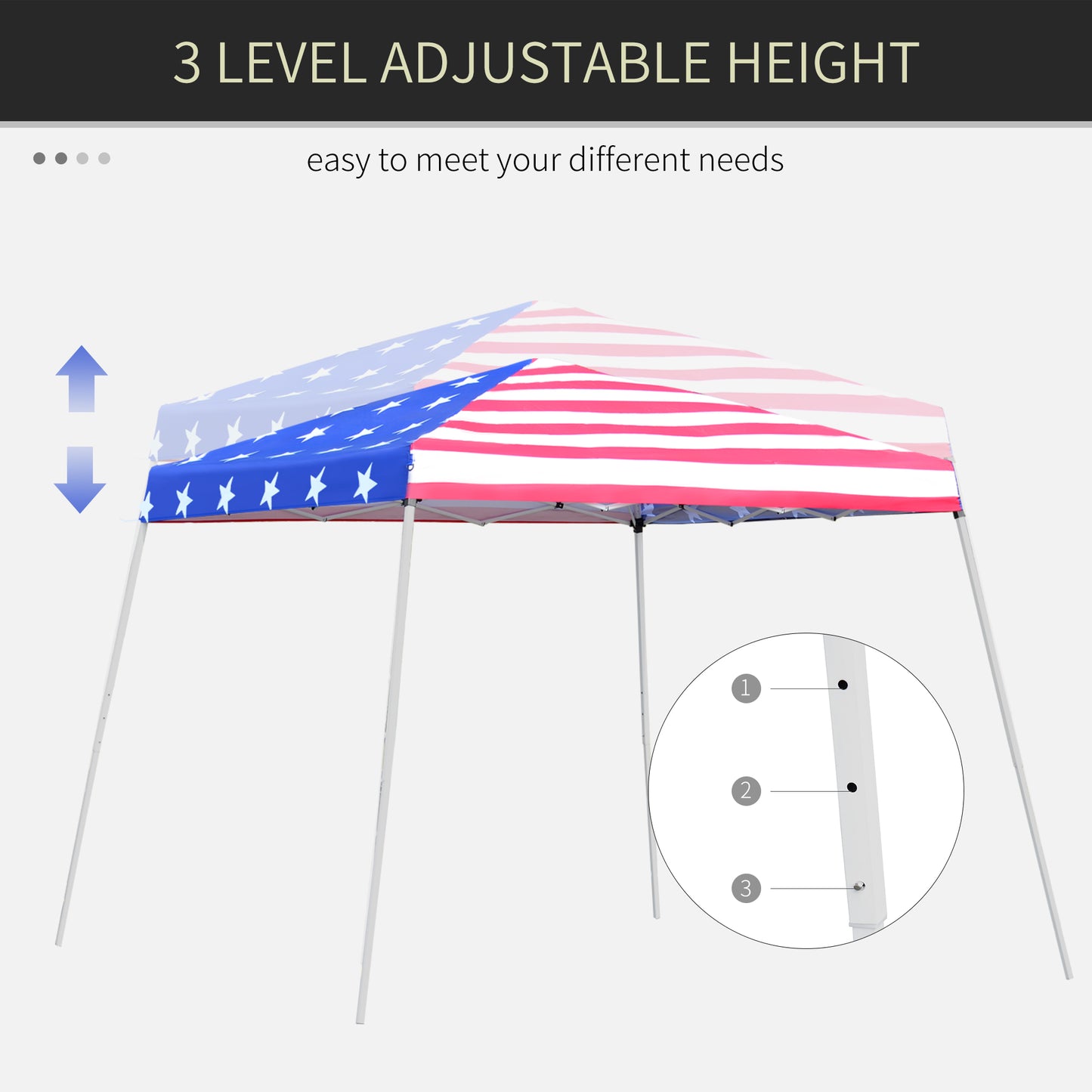 American flag printed canopy tent with  adjustable height levels for outdoor events