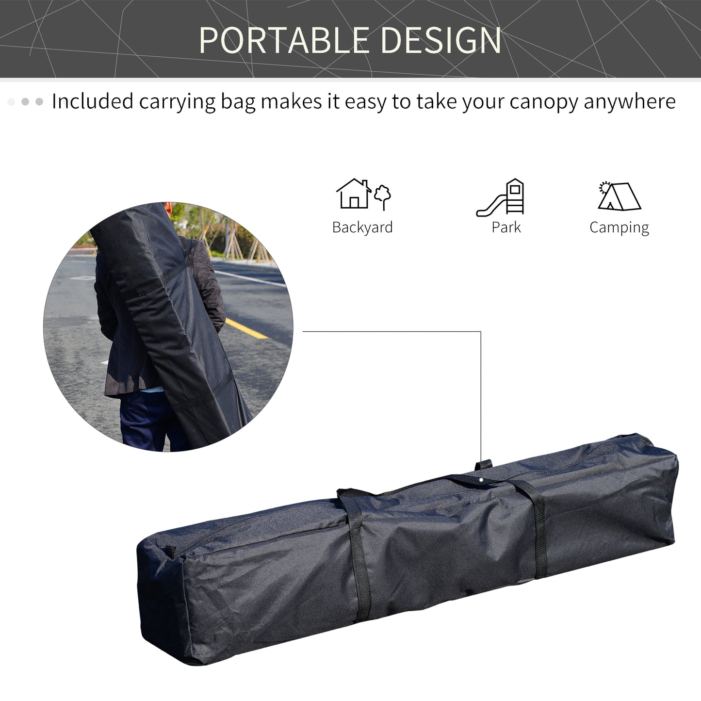 Black canopy carrying bag compact for portable outdoor events
