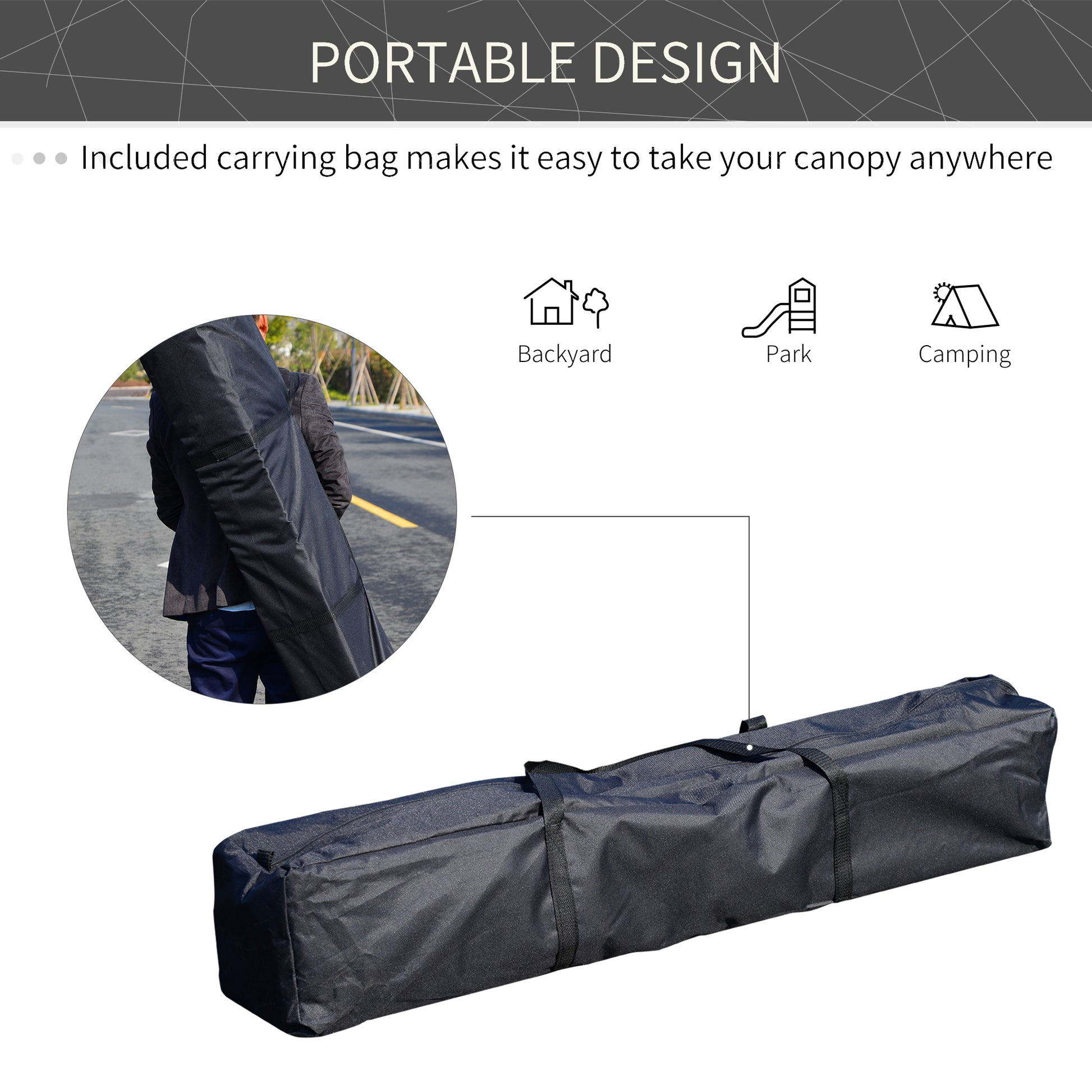 Black canopy carrying bag compact for portable outdoor events