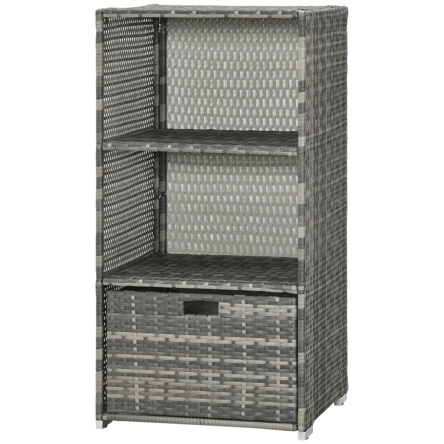Gray wicker storage cabinet with two shelves and a drawer