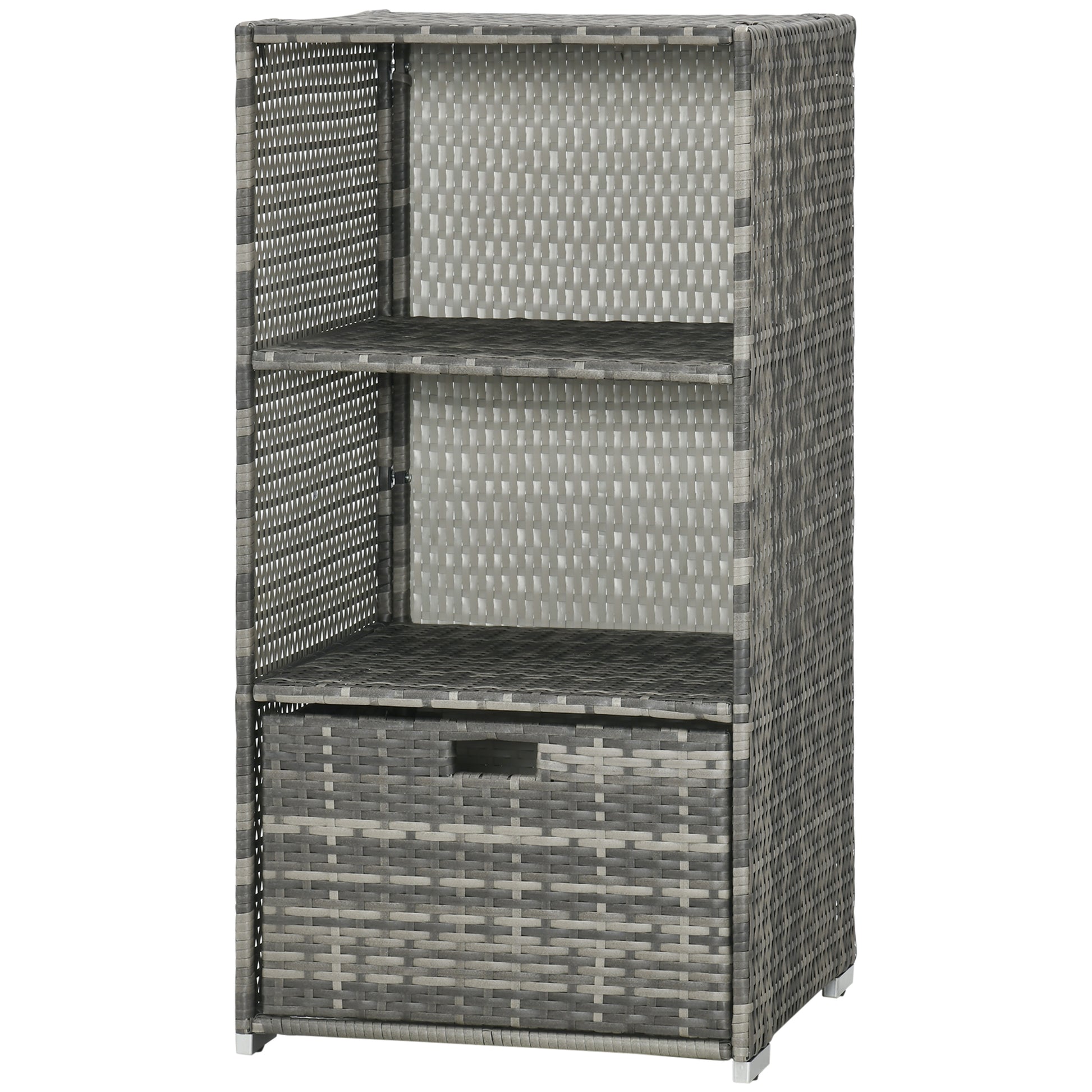 Gray wicker storage cabinet with two shelves and a drawer