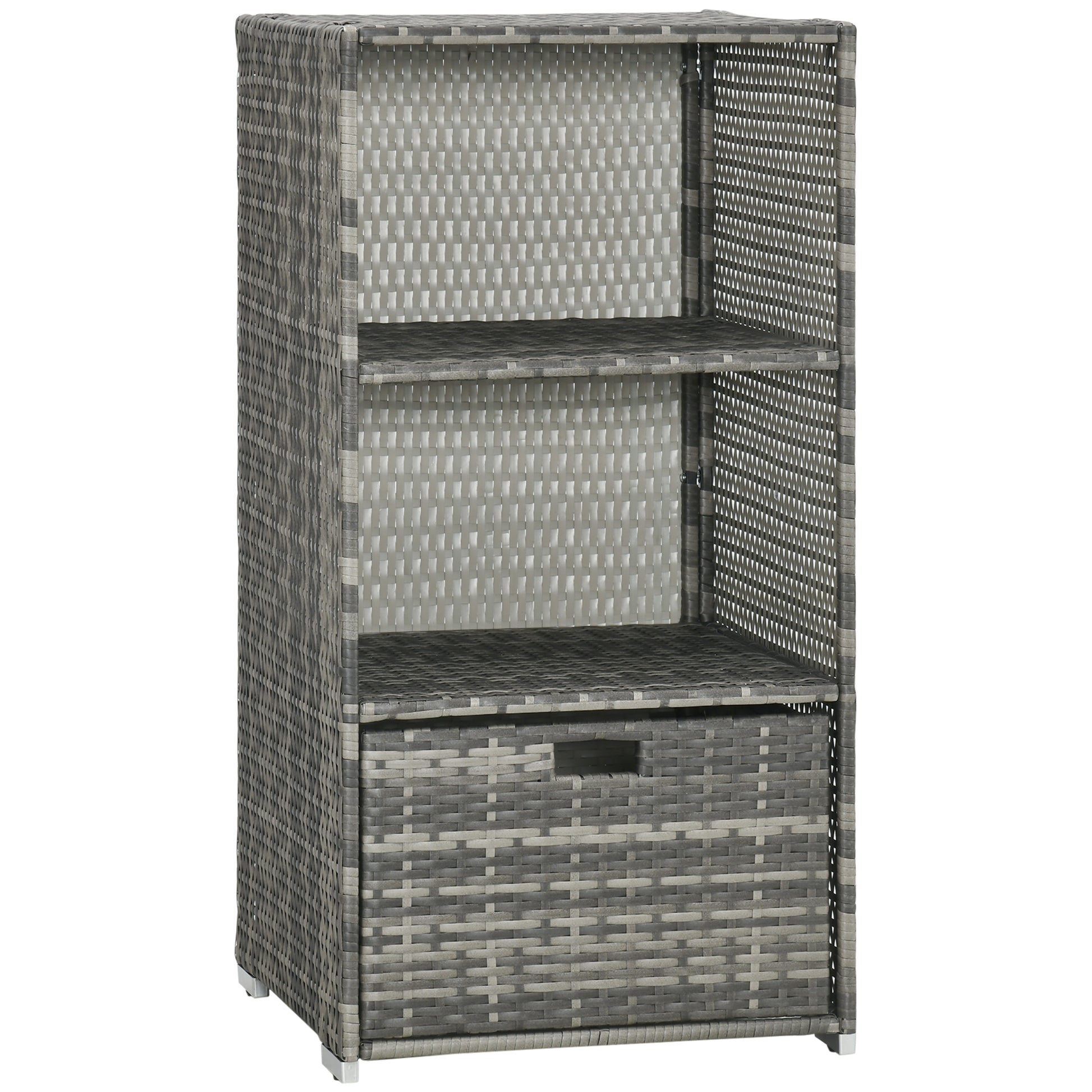 Grey wicker storage cabinet with three shelves and one drawer