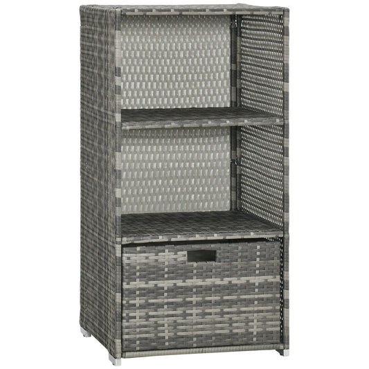 Grey wicker storage cabinet with three shelves and one drawer