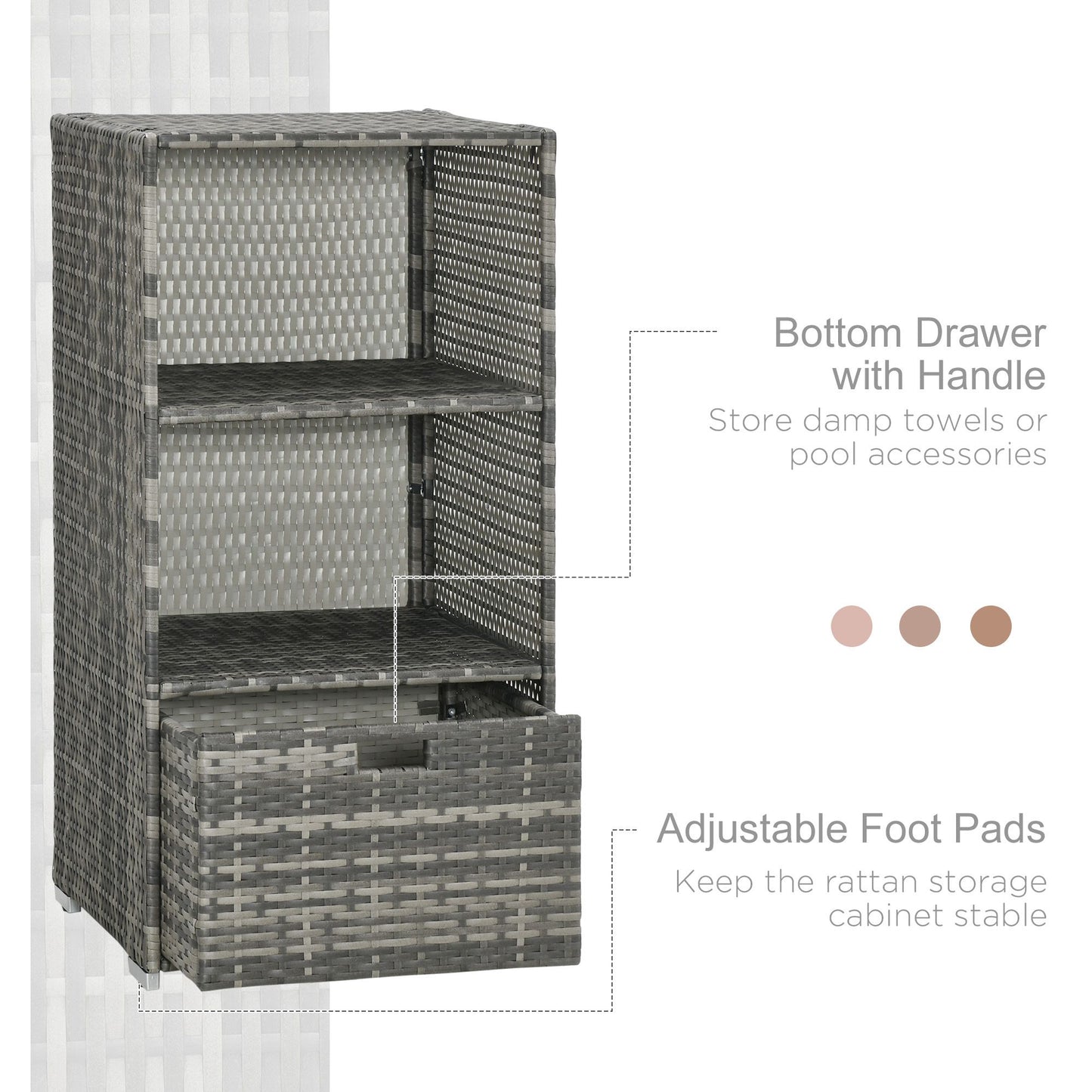 Gray rattan storage cabinet with two shelves and a bottom drawer ideal for outdoor use