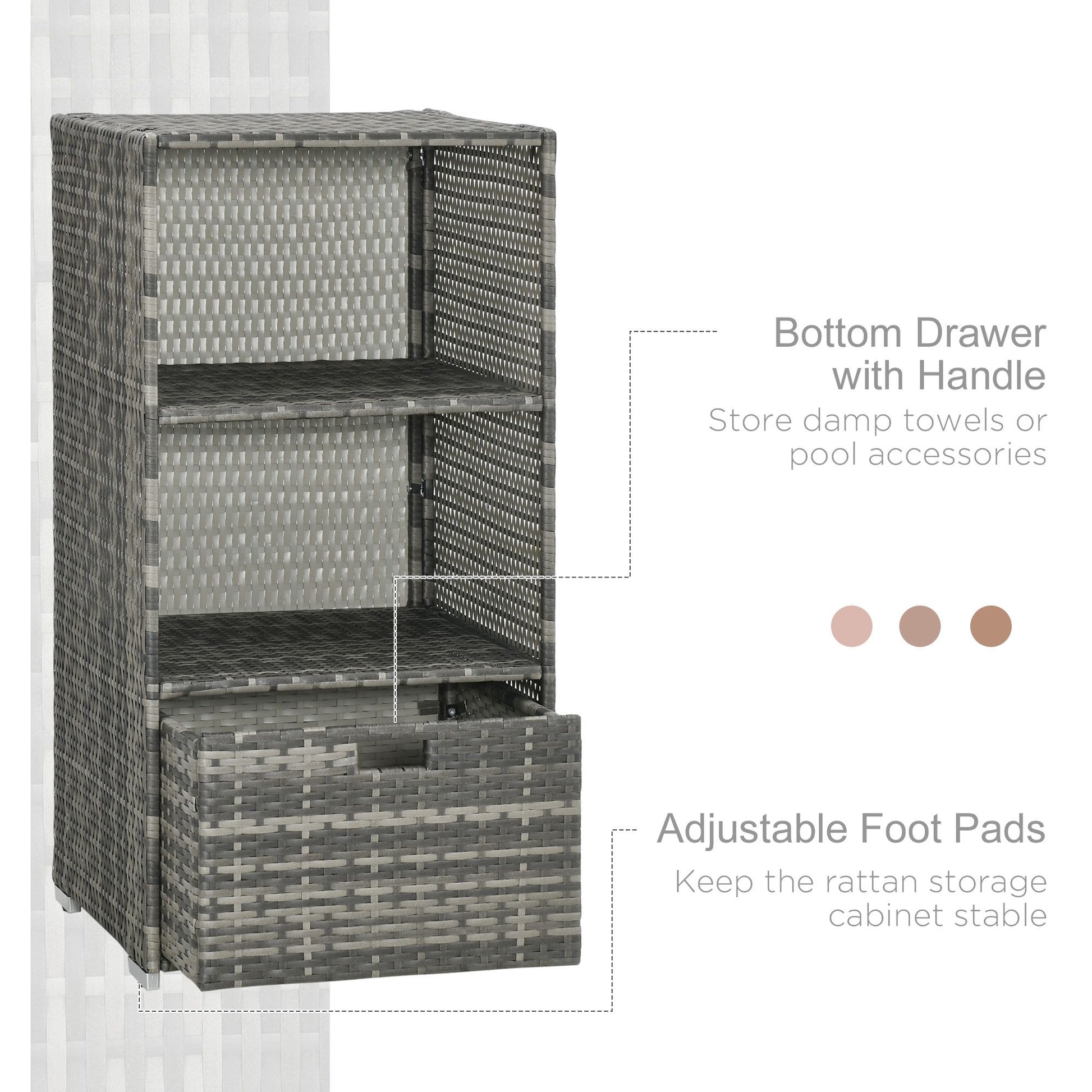 Gray rattan storage cabinet with two shelves and a bottom drawer ideal for outdoor use