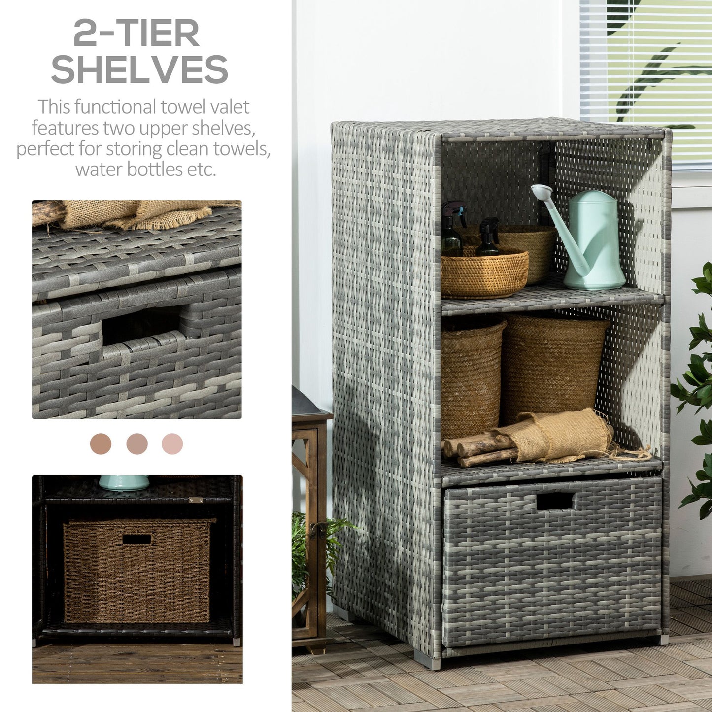 Gray wicker twotier shelf unit with a drawer ideal for patio storage