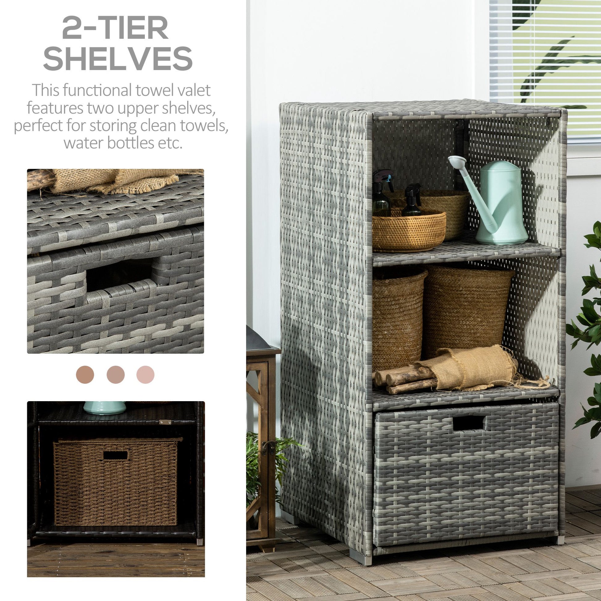 Gray wicker twotier shelf unit with a drawer ideal for patio storage
