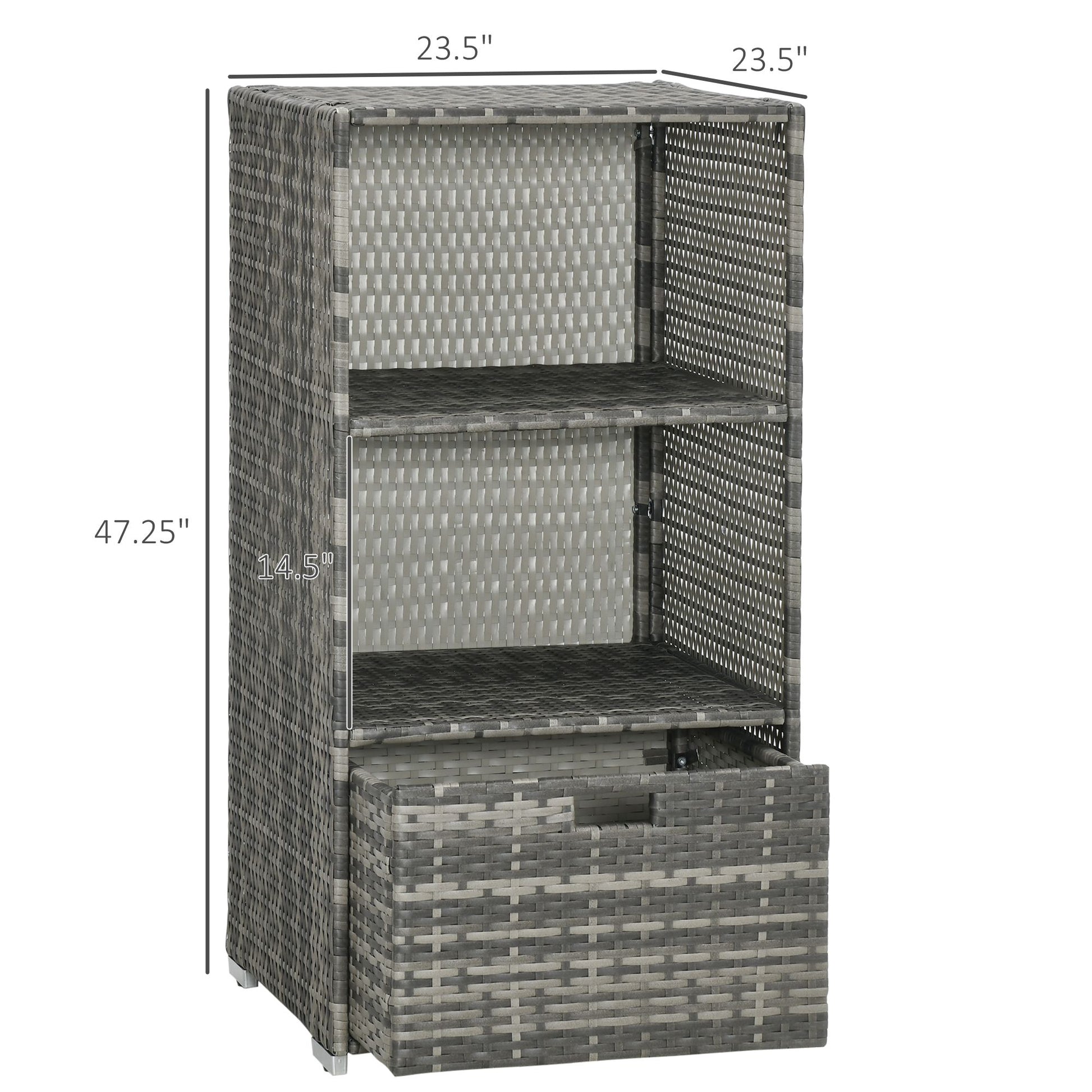 Gray wicker storage shelf with drawer and open shelves for home organization