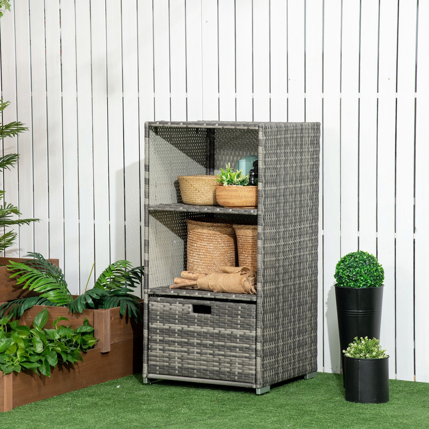 Gray wicker outdoor storage cabinet with a drawer ideal for patio organization
