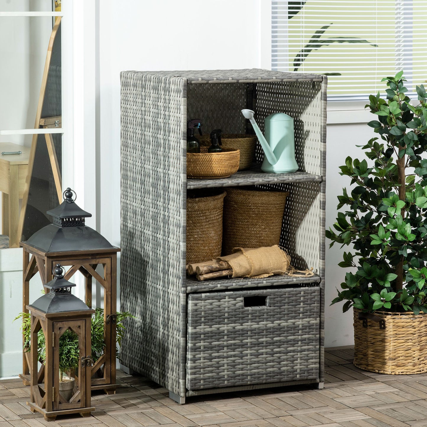 Gray rattan outdoor storage cabinet with watering can and baskets on shelves