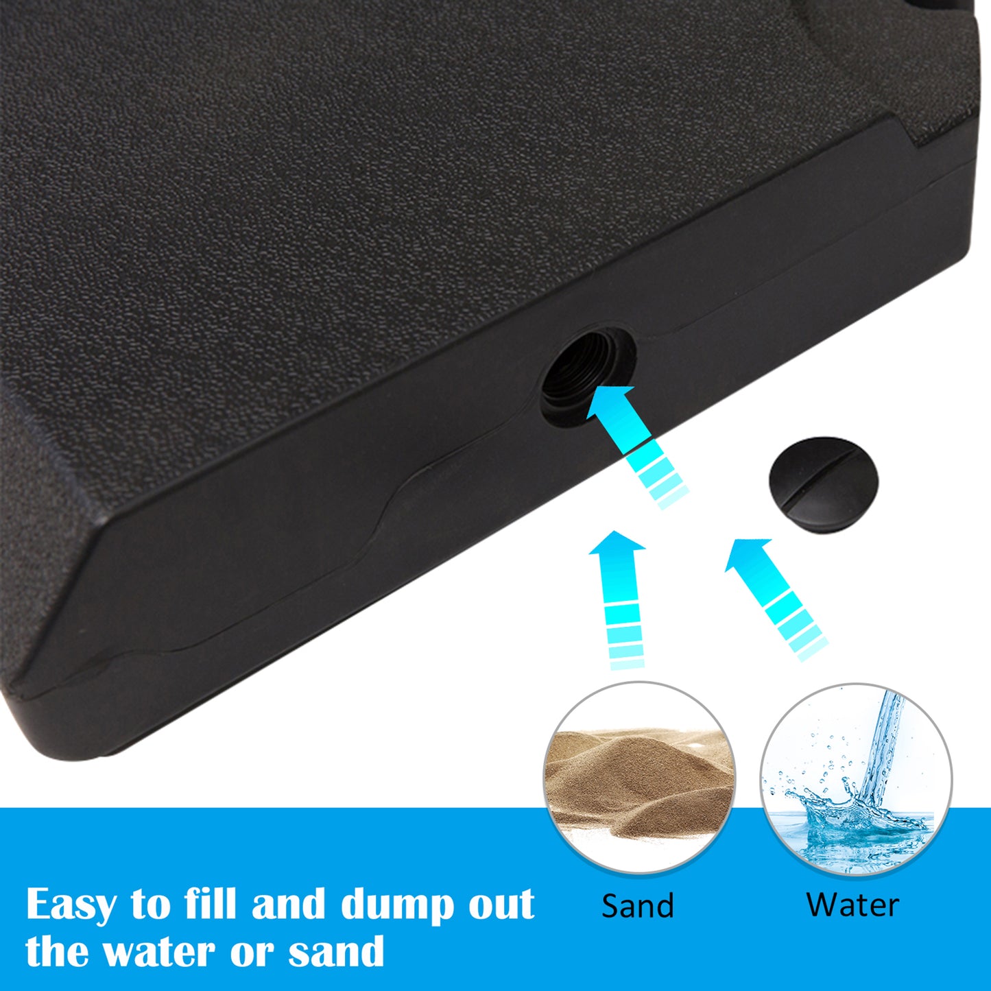 Black plastic base with fillable sand and water compartments shown