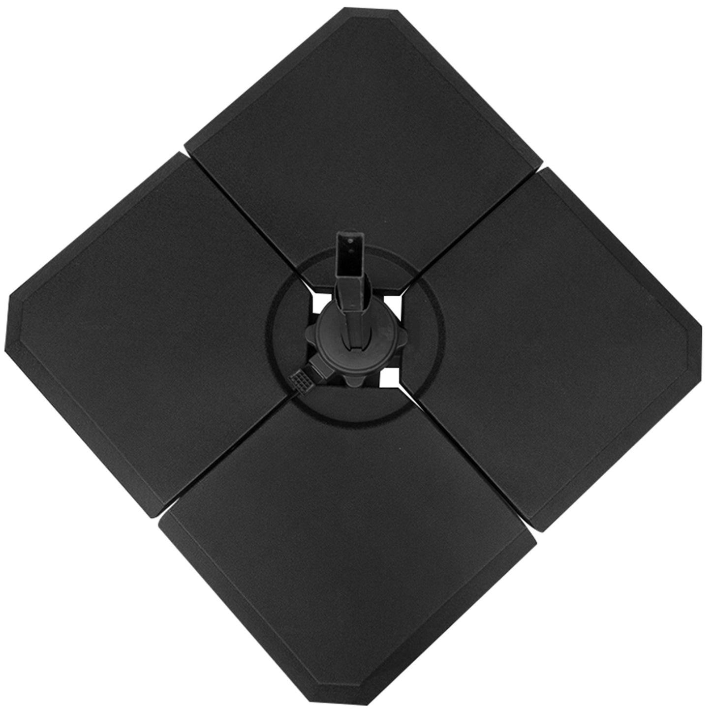 Black modular patio umbrella base composed of four interlocking square weights