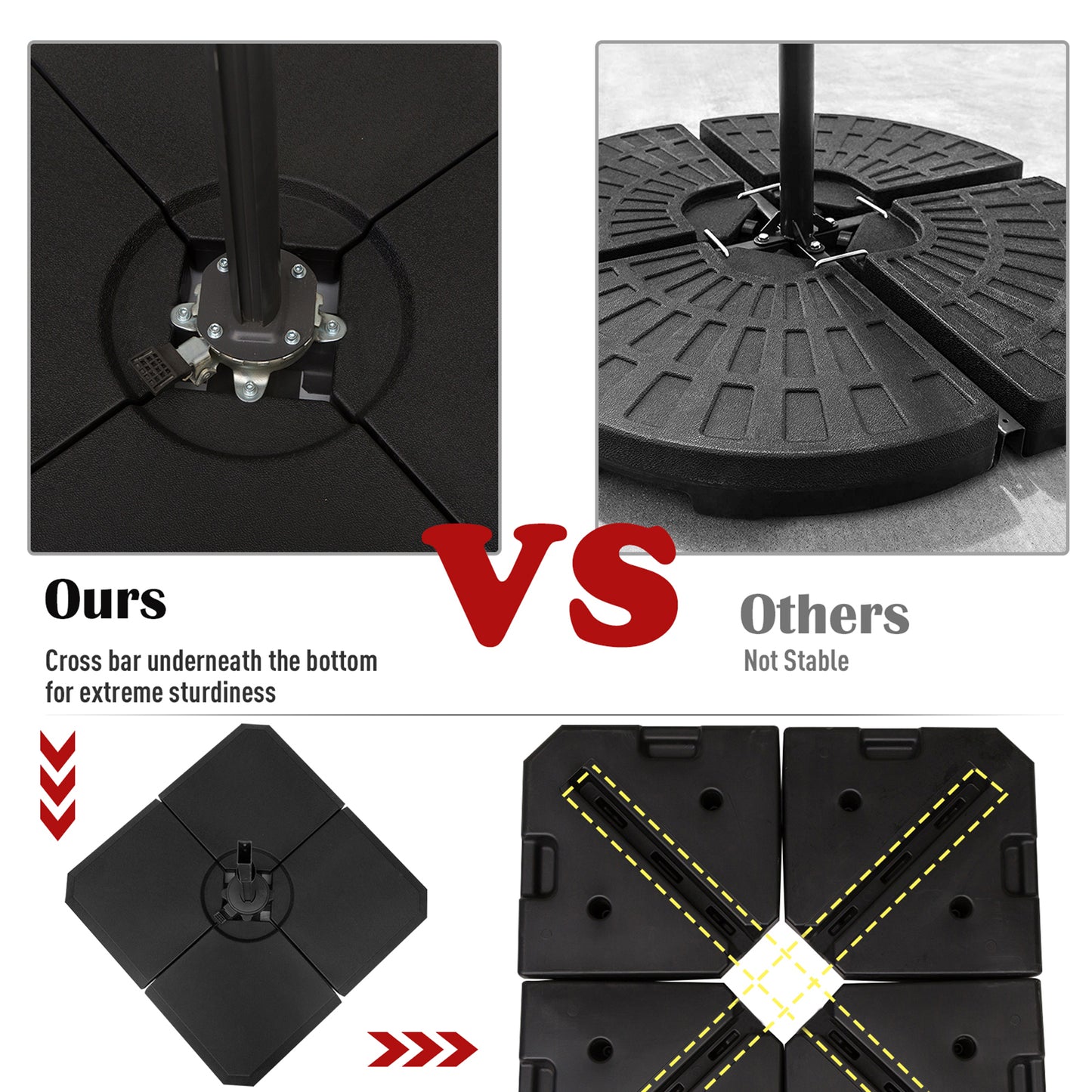 Black patio umbrella base with robust crossbar for superior stability