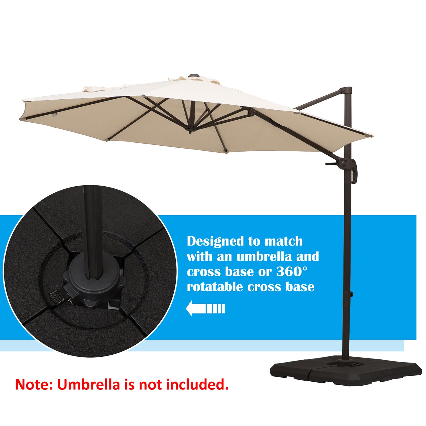 Cream cantilever umbrella with dark metal pole and black square base