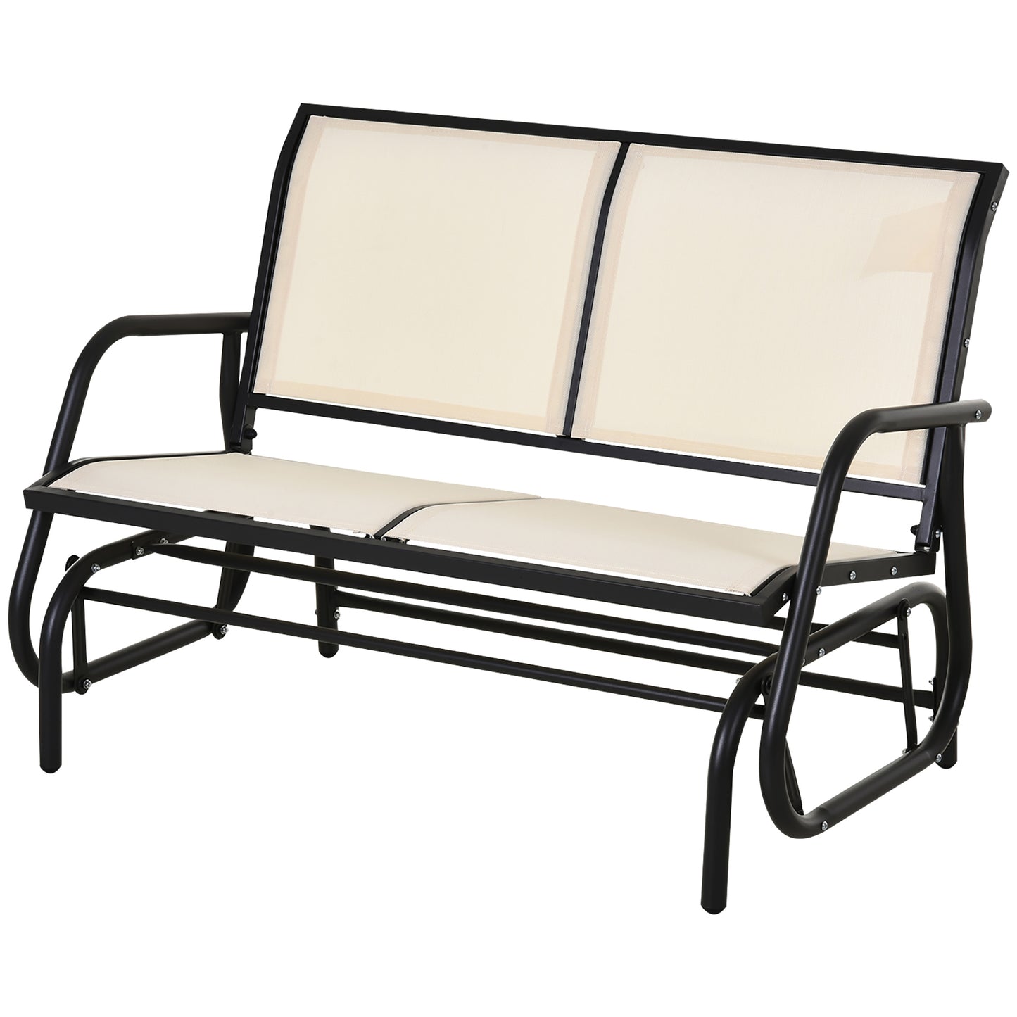 Black metal frame glider bench with beige mesh seat and back