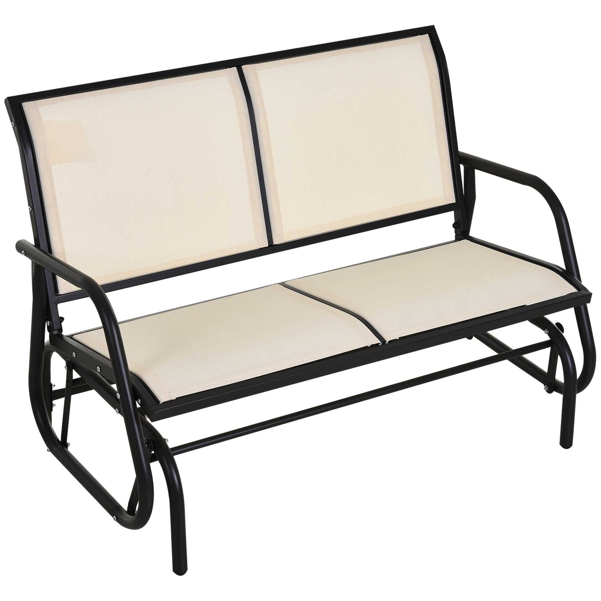 Black metal loveseat glider with beige fabric seat and backrest