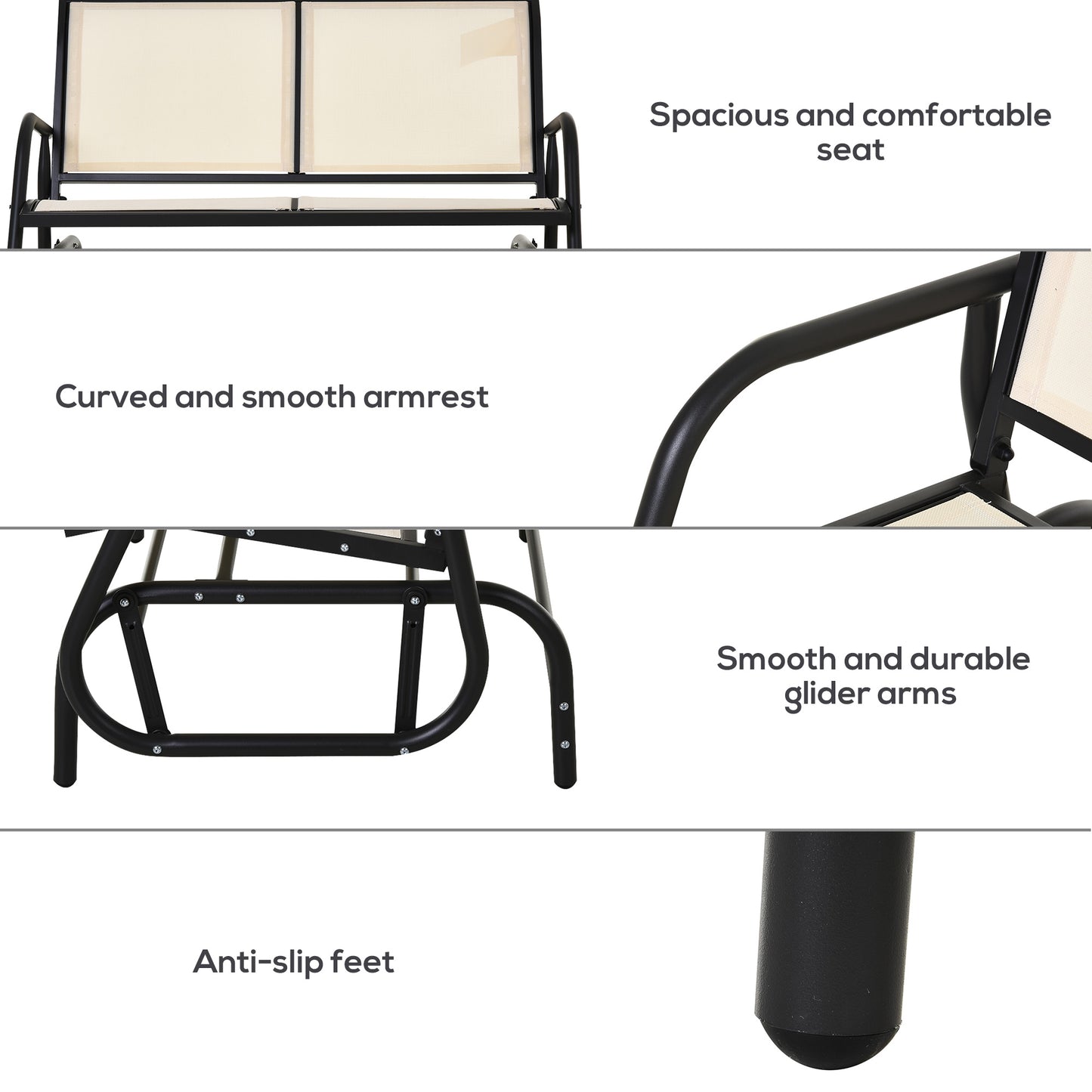 Black metal patio swing with cream fabric seat and backrest
