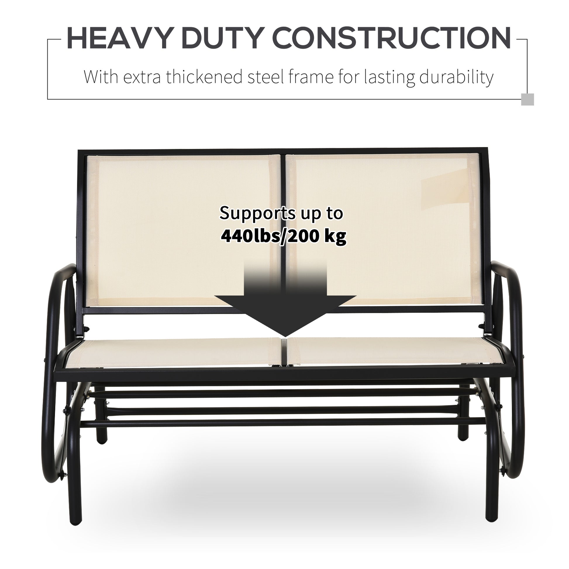 Cream fabric outdoor glider bench with black metal frame lb capacity