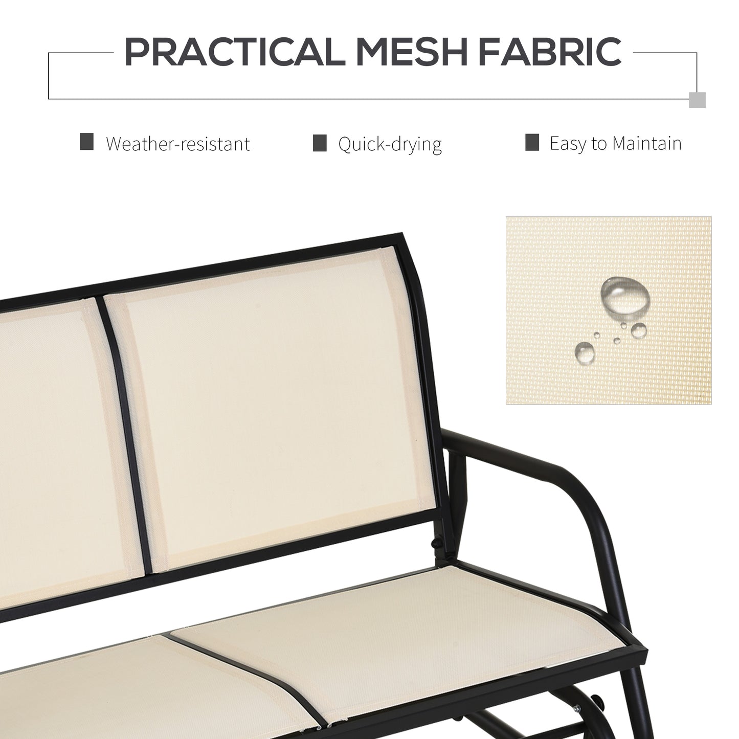 Closeup of beige mesh fabric seating on a black metal outdoor glider highlighting water droplets