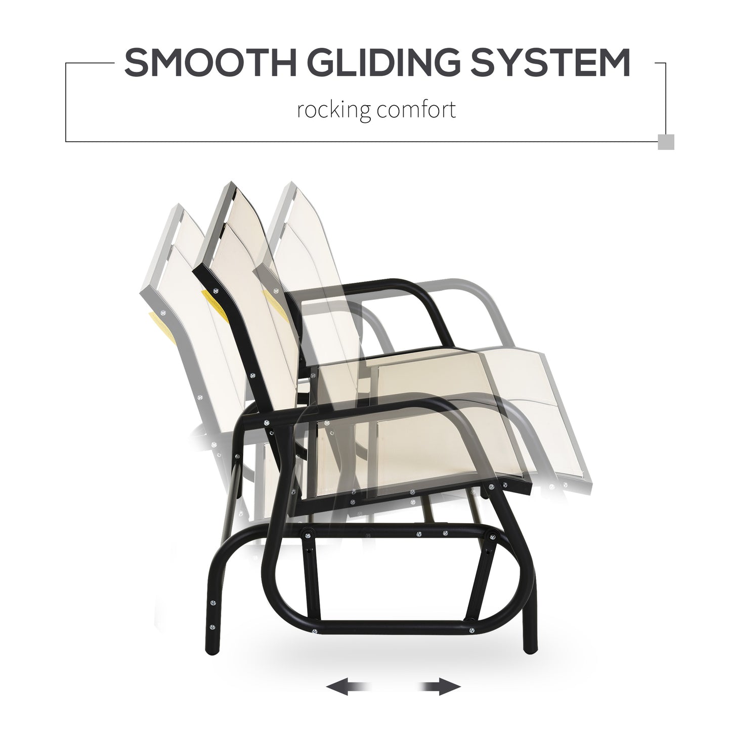 Black metal patio glider with beige fabric cushions showcasing smooth rocking motion