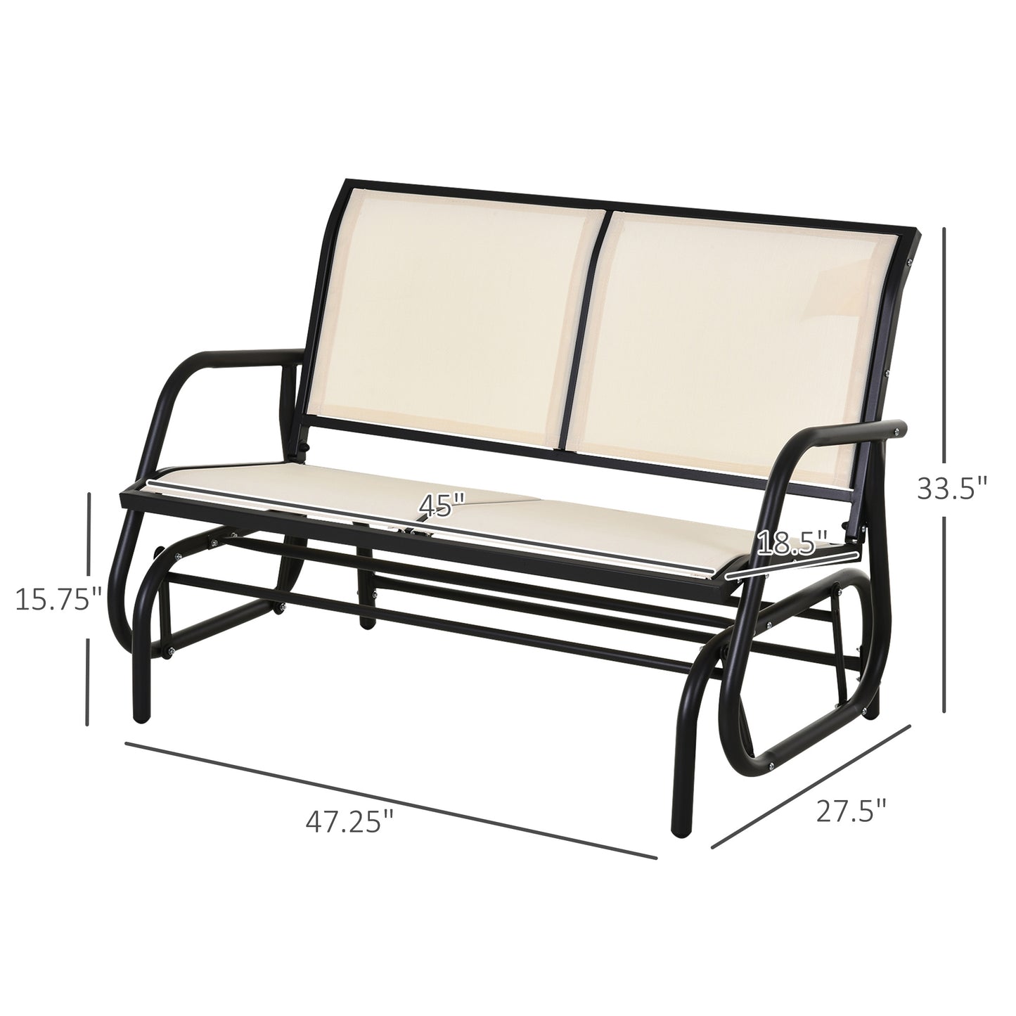 Black metal patio glider bench with beige fabric cushions  wide