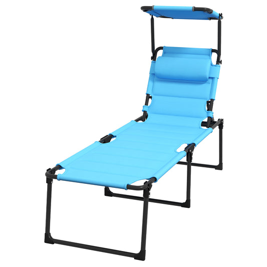 Adjustable blue chaise lounge with canopy and headrest for outdoor relaxation