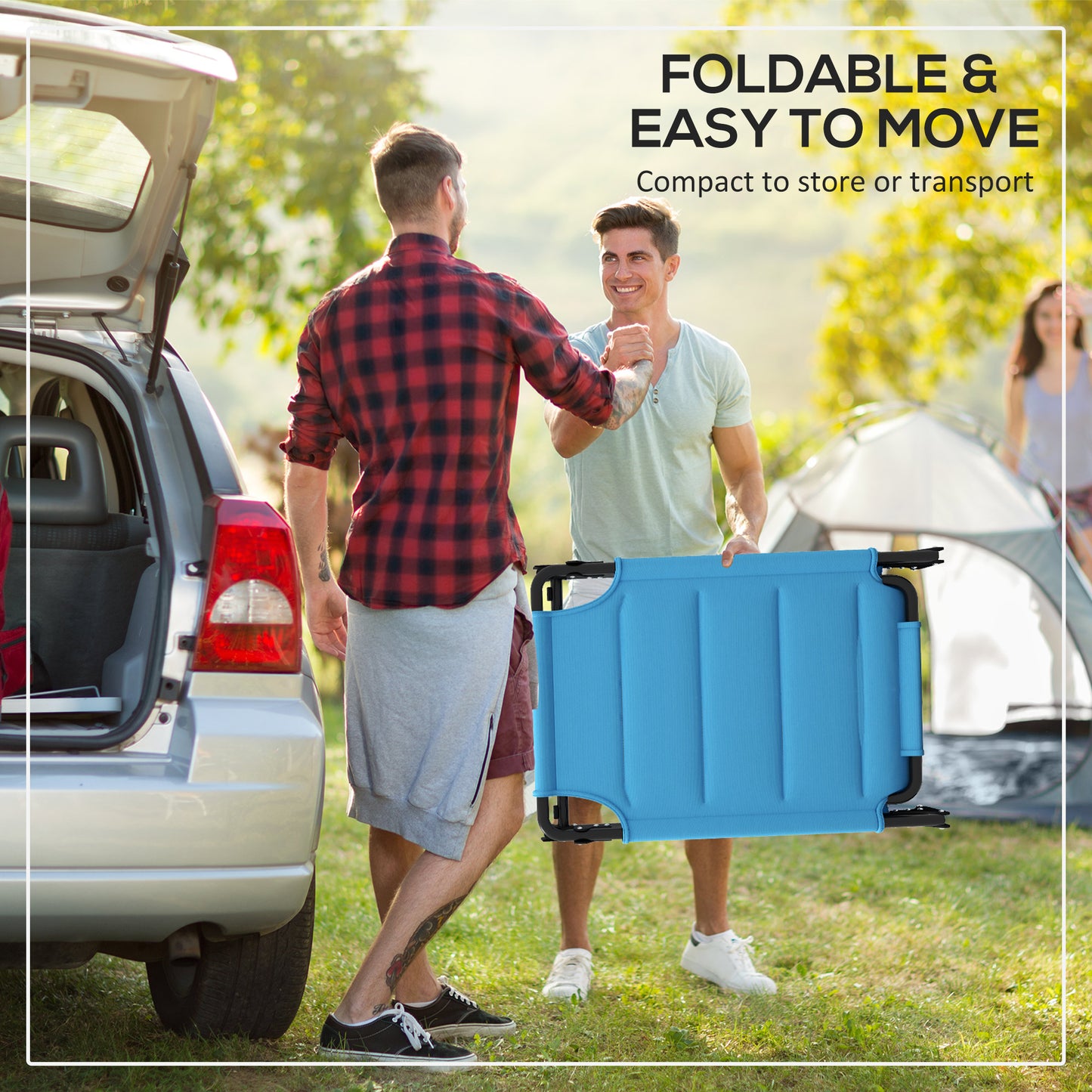 Blue foldable camping cot with black metal frame held by two men