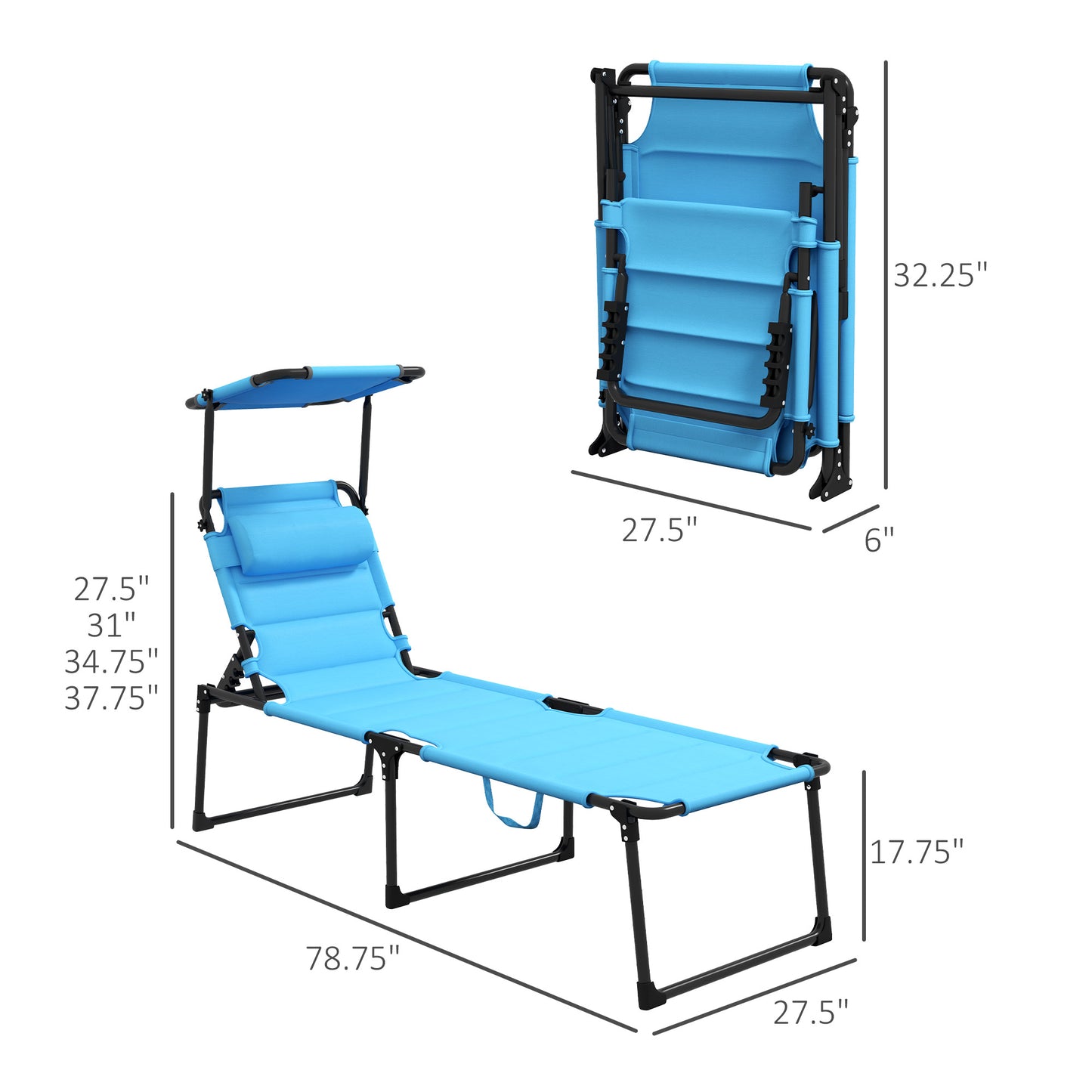 Blue portable chaise lounge chair with adjustable canopy and padded headrest