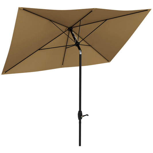 Square patio umbrella with tan canopy and black pole Perfect for outdoor dining
