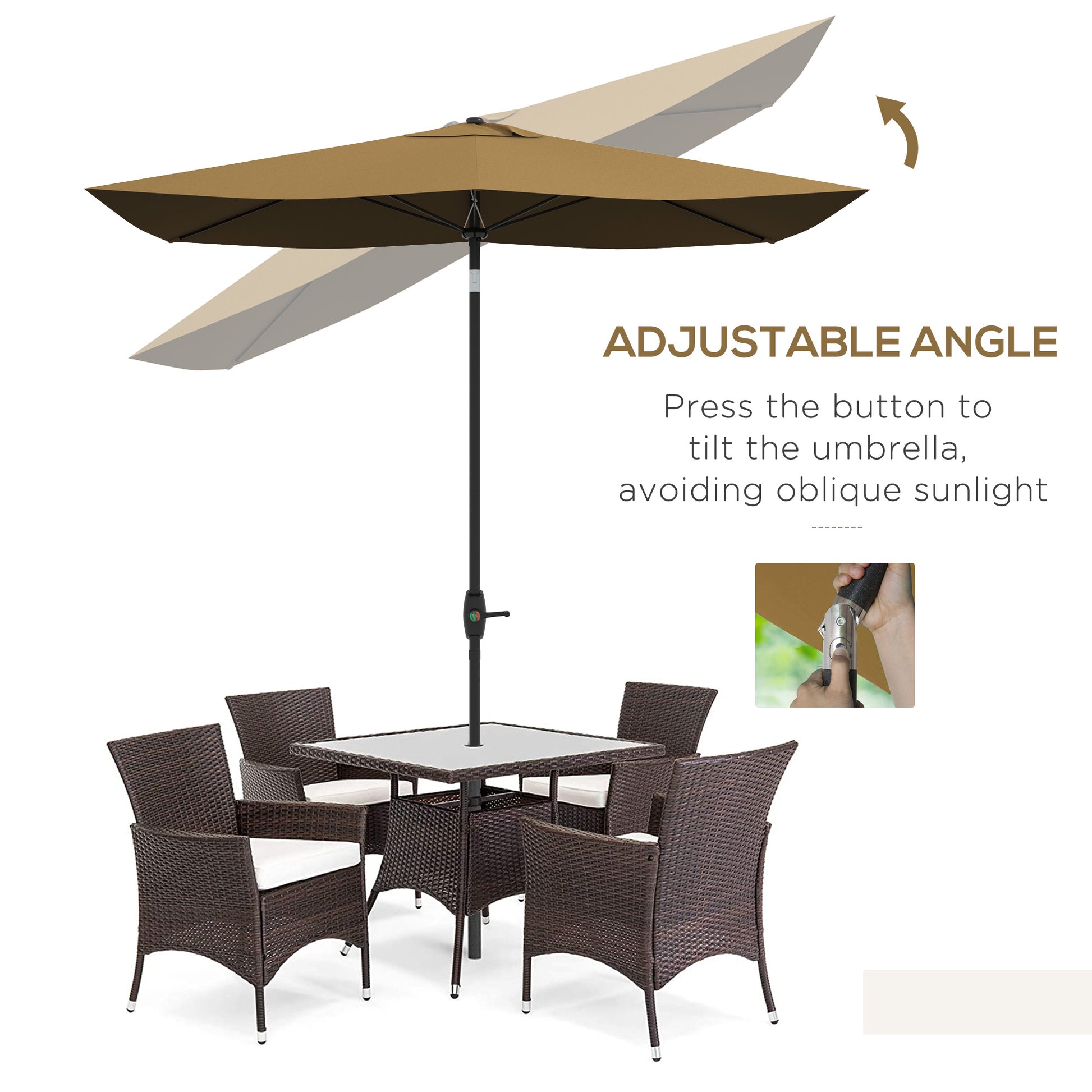 Brown patio umbrella with adjustable tilt mechanism over a wicker dining set
