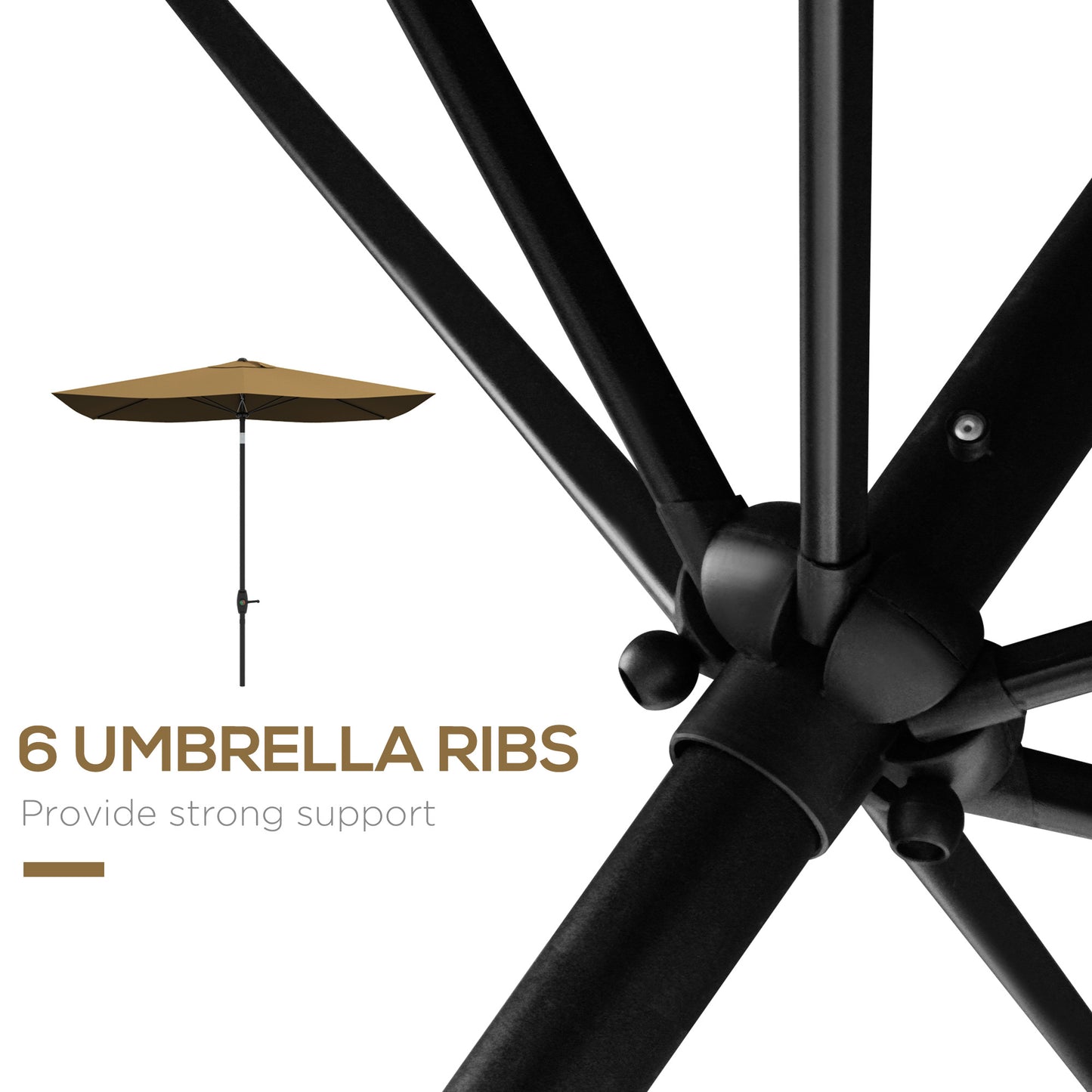 Closeup of a tan patio umbrella frame highlighting its  umbrella ribs for strong support