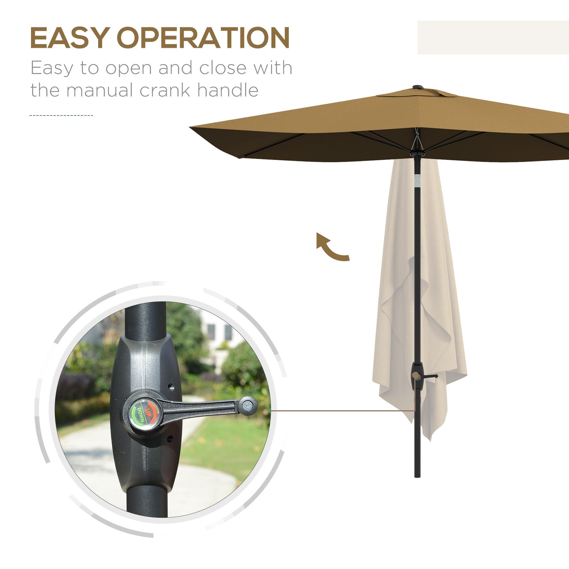 Brown patio umbrella with easy crank handle mechanism for adjustment