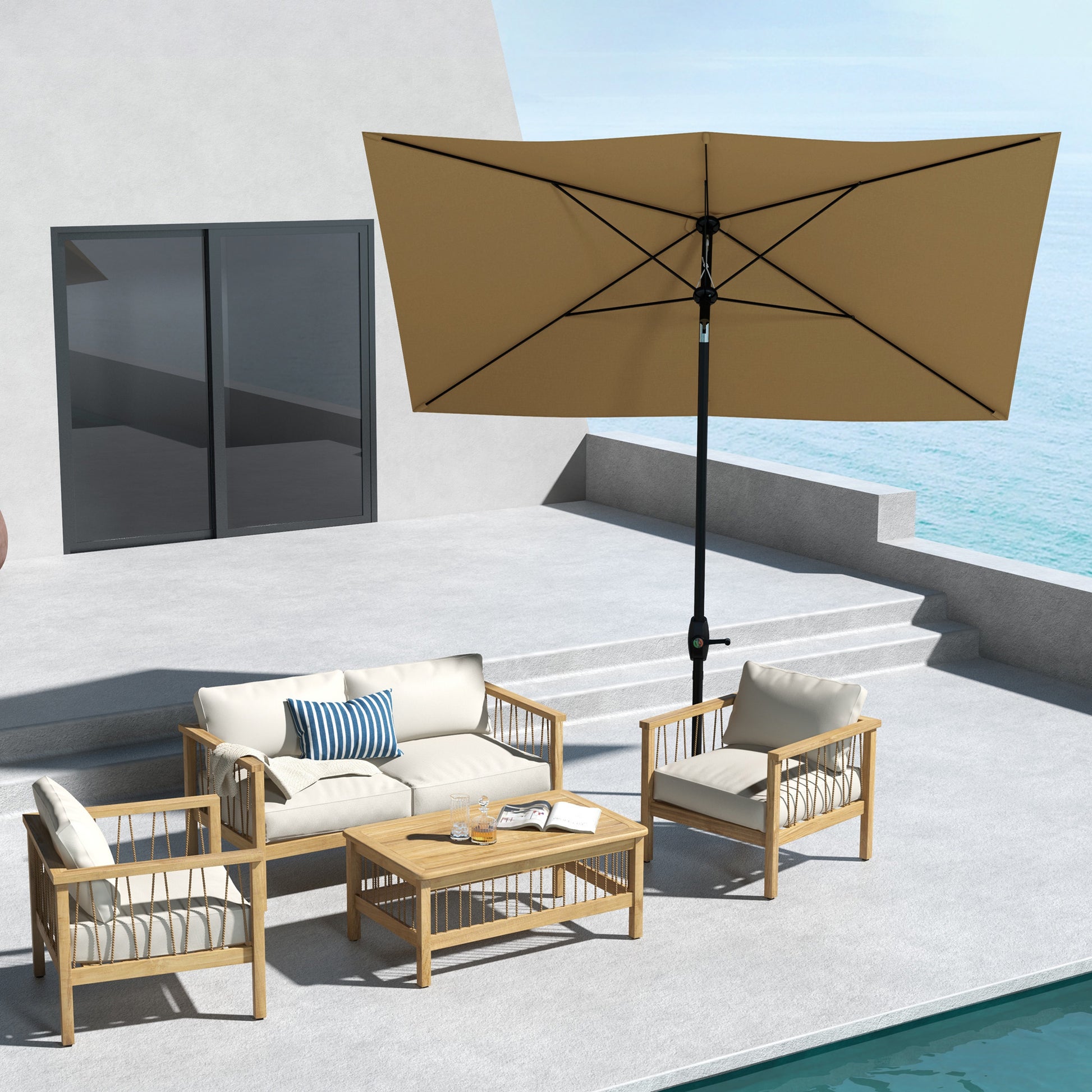 Light beige rectangular patio umbrella with black pole providing shade over wooden outdoor furniture set