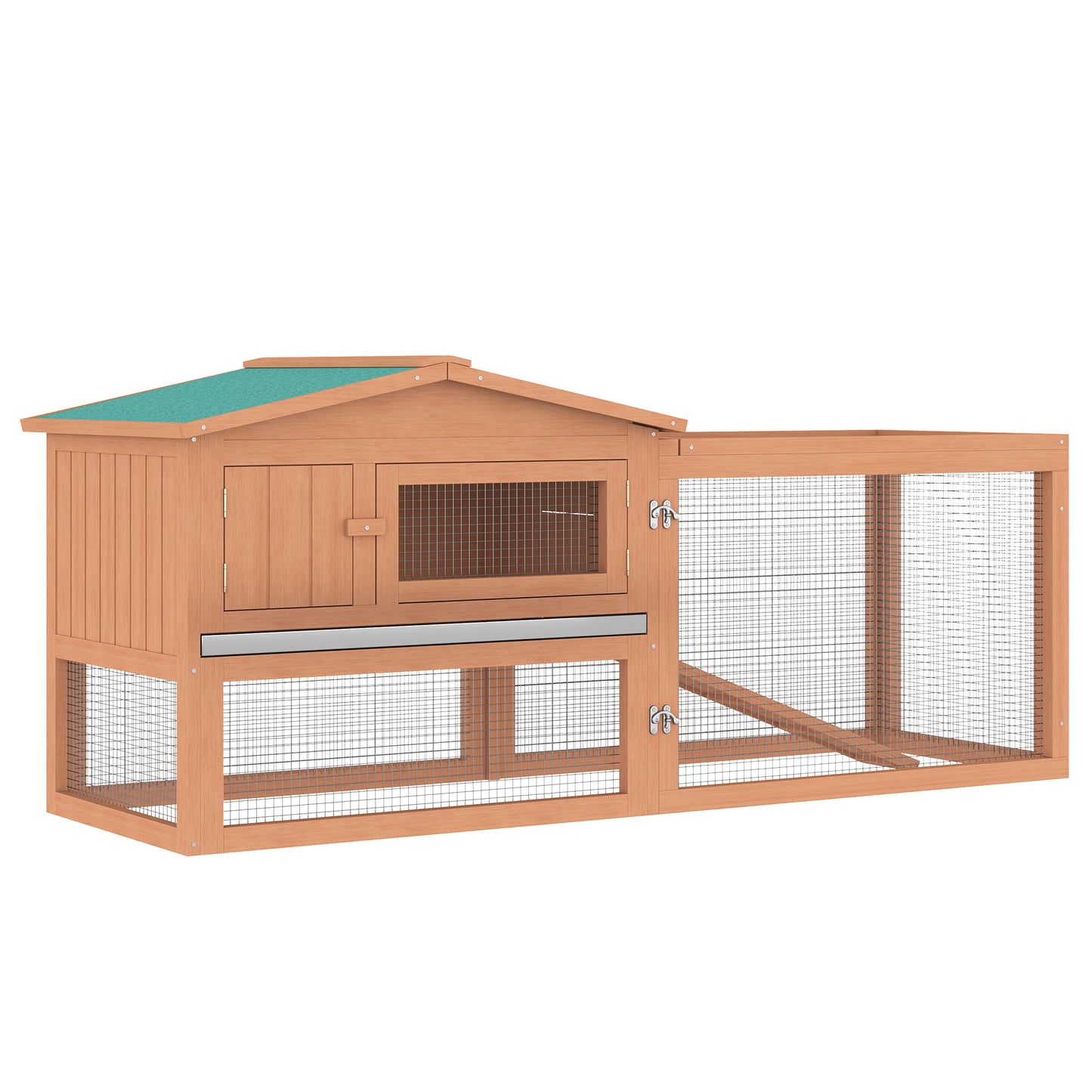 Wooden outdoor rabbit hutch with a green roof and two access doors