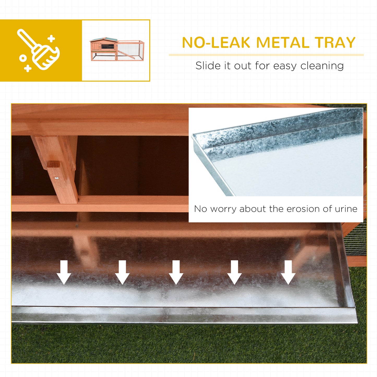 Wooden rabbit hutch with a noleak metal tray for easy cleaning
