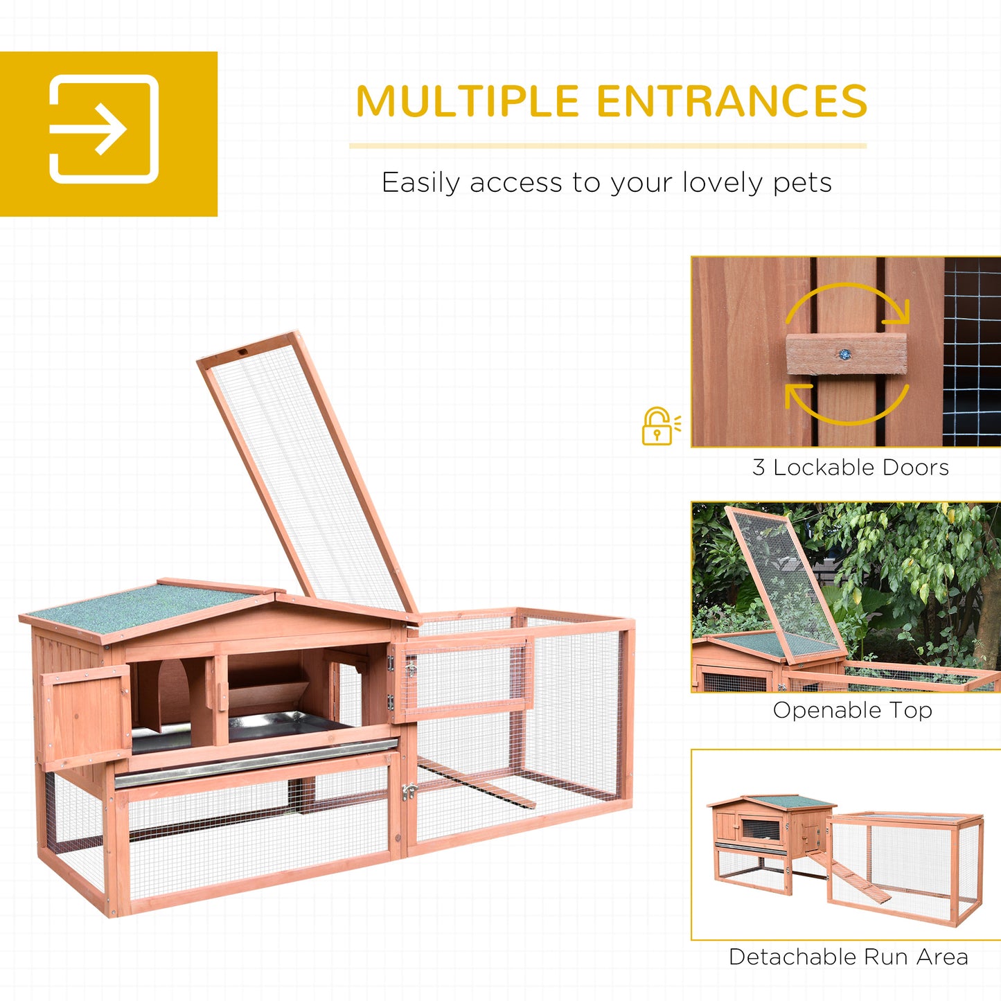 Wooden rabbit hutch with multiple access points and a detachable run