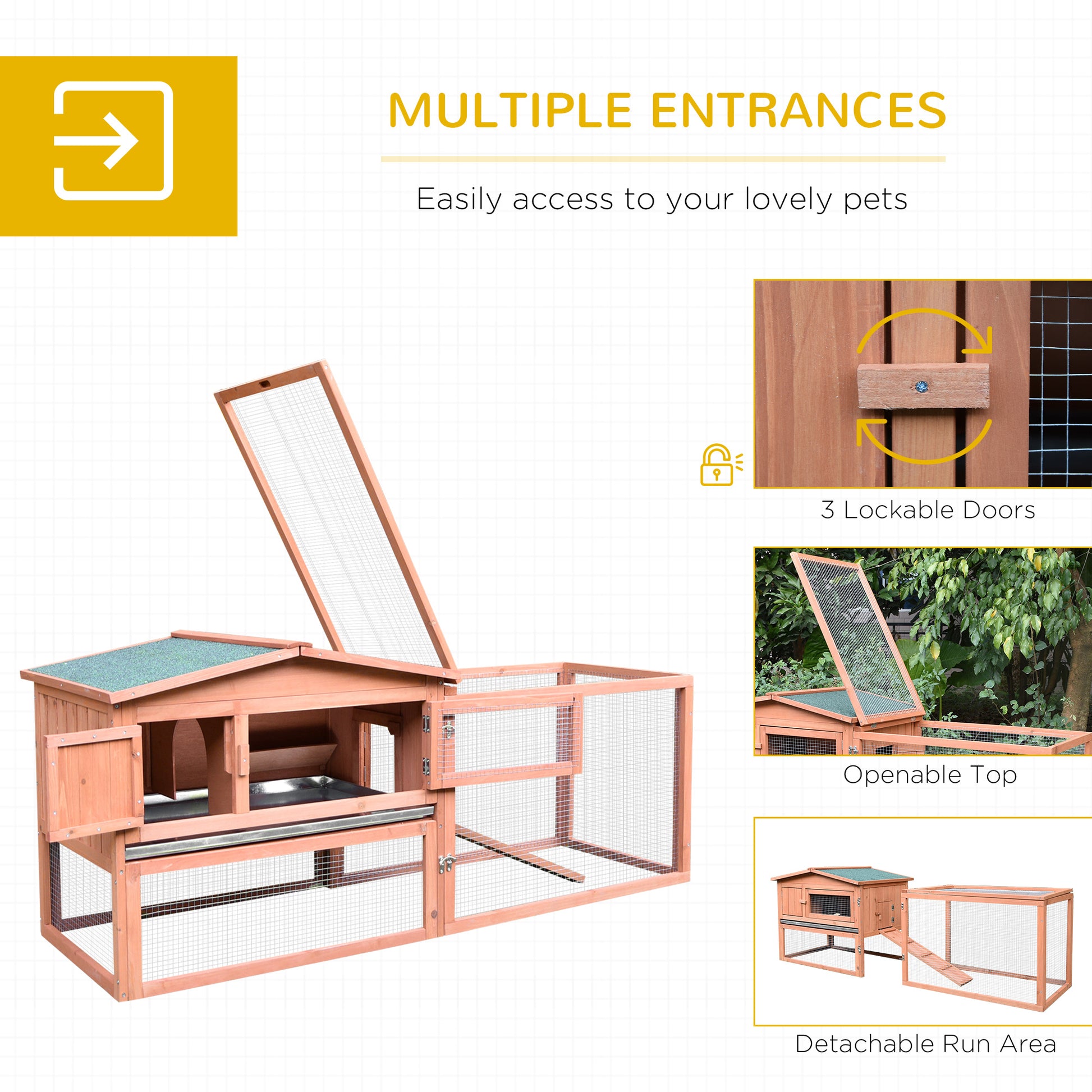 Wooden rabbit hutch with multiple access points and a detachable run