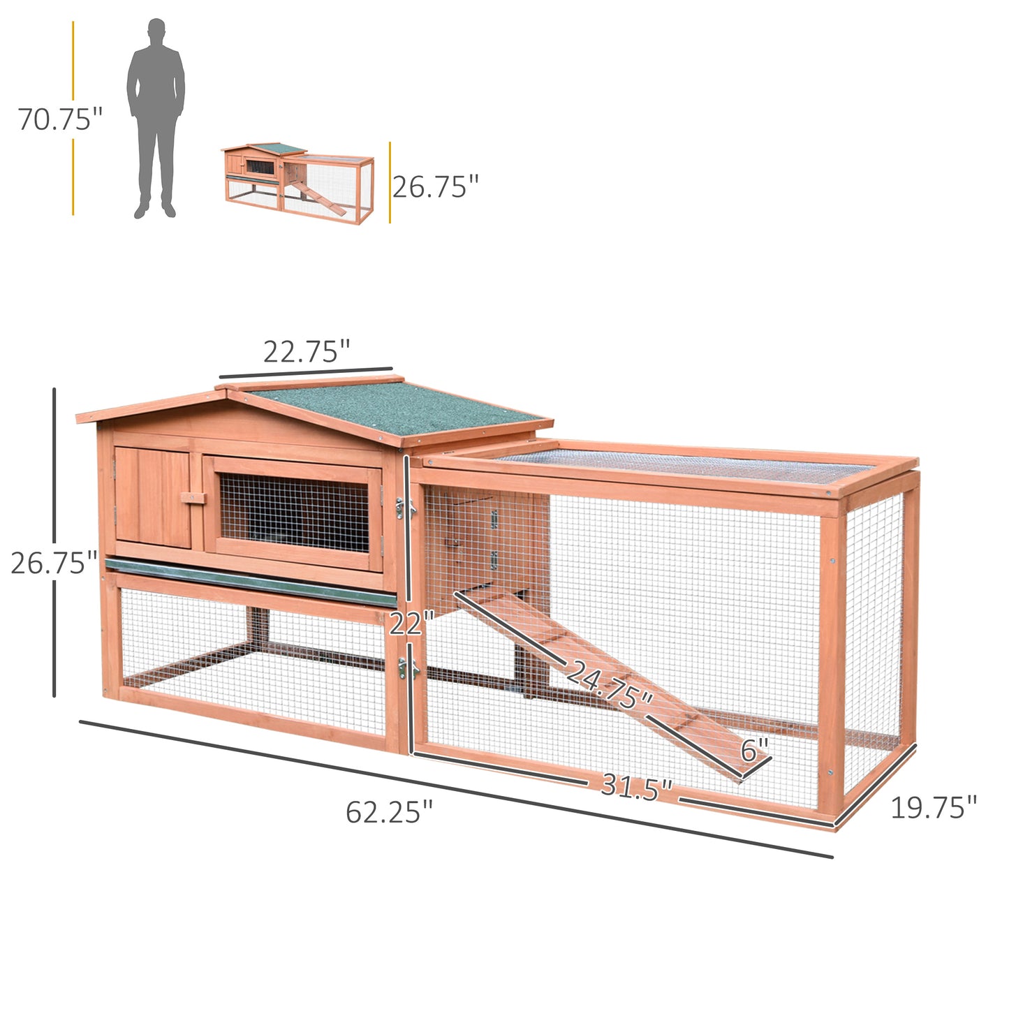 Spacious wooden outdoor hutch with green roof ideal for rabbits and small pets