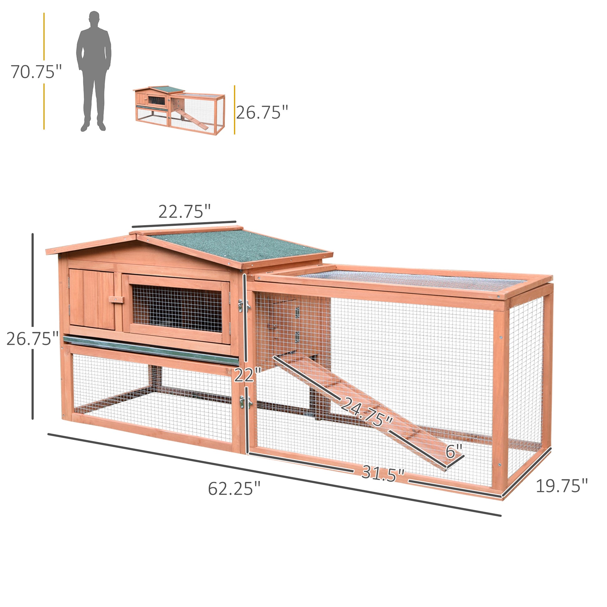 Spacious wooden outdoor hutch with green roof ideal for rabbits and small pets
