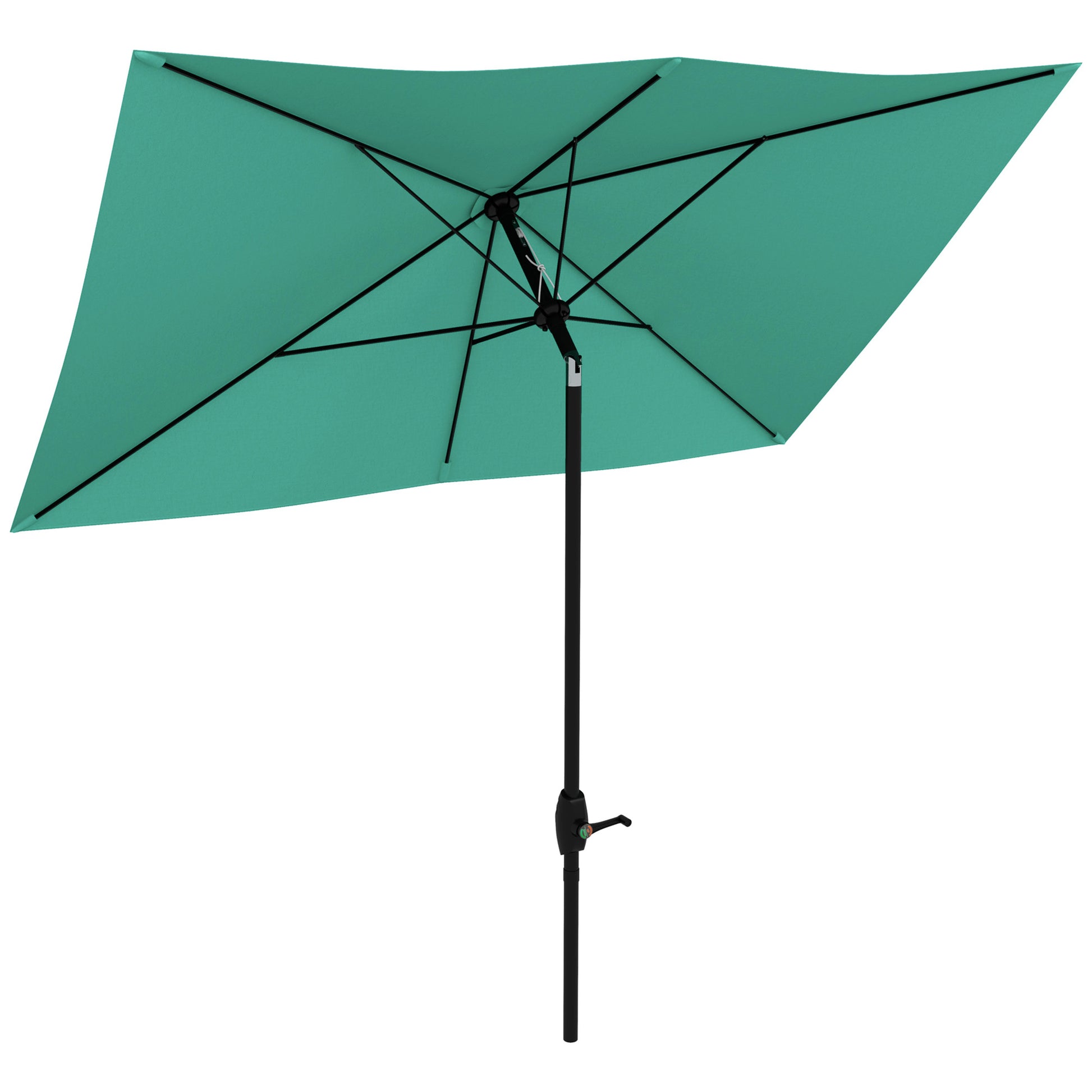 Teal square patio umbrella with black metal pole and crank mechanism for outdoor shade