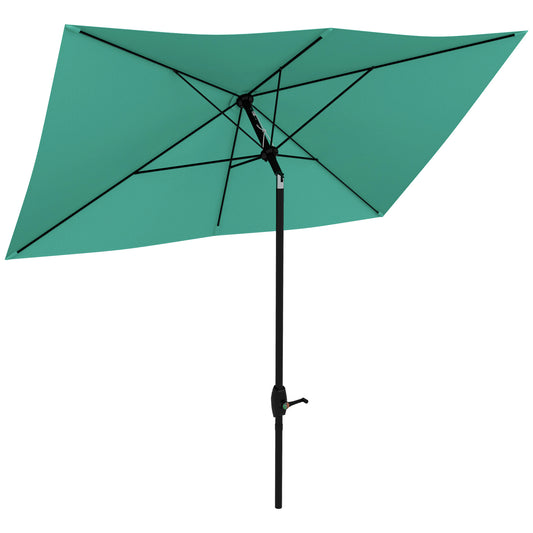 Teal square patio umbrella with black metal pole and crank mechanism for outdoor shade